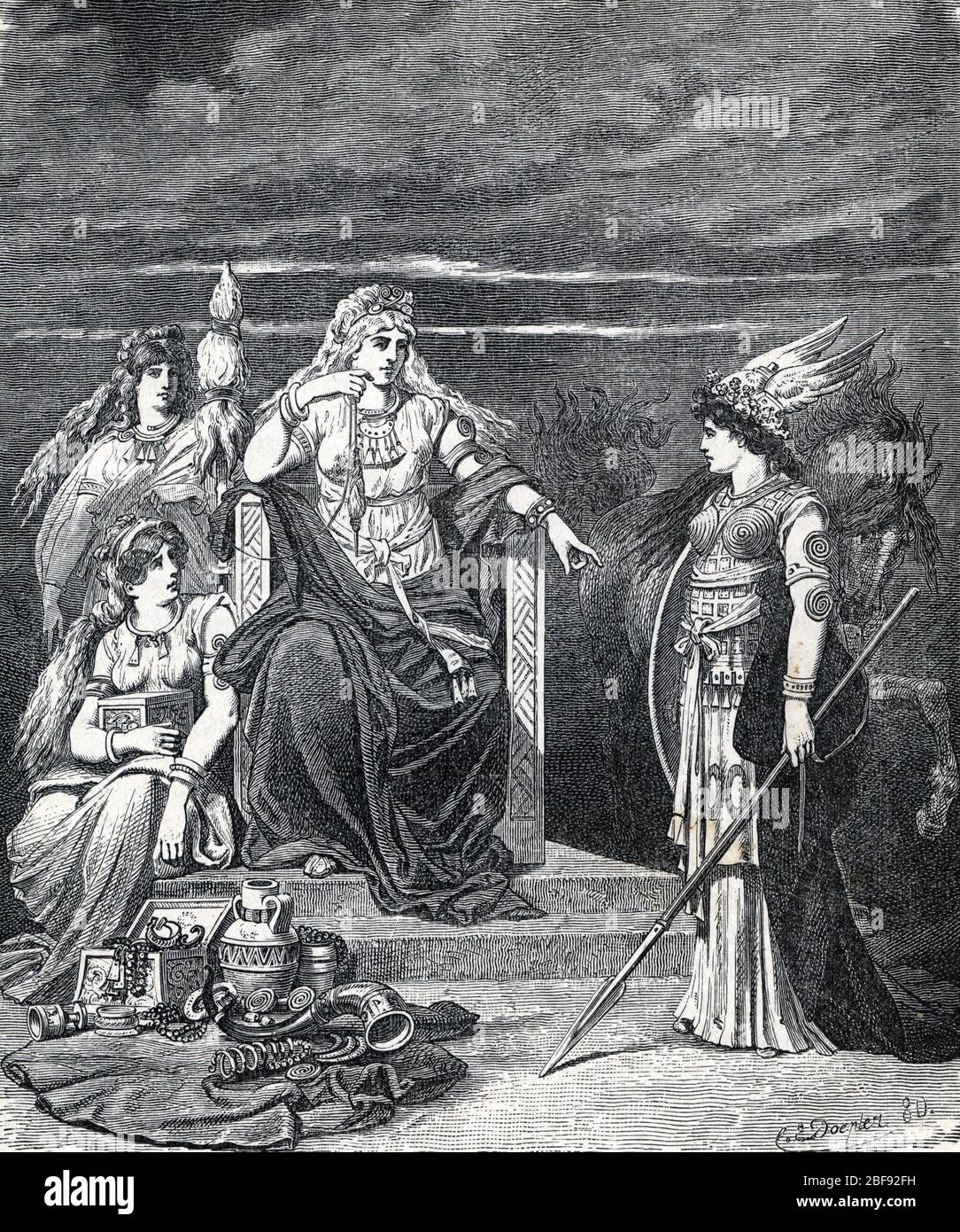 Mythologie nordique : representation de Frigg epouse d'Odin et reine des Ases pres d'elle deux deesses, et face a elle Gna (Norse mythology : Frigg si Stock Photo