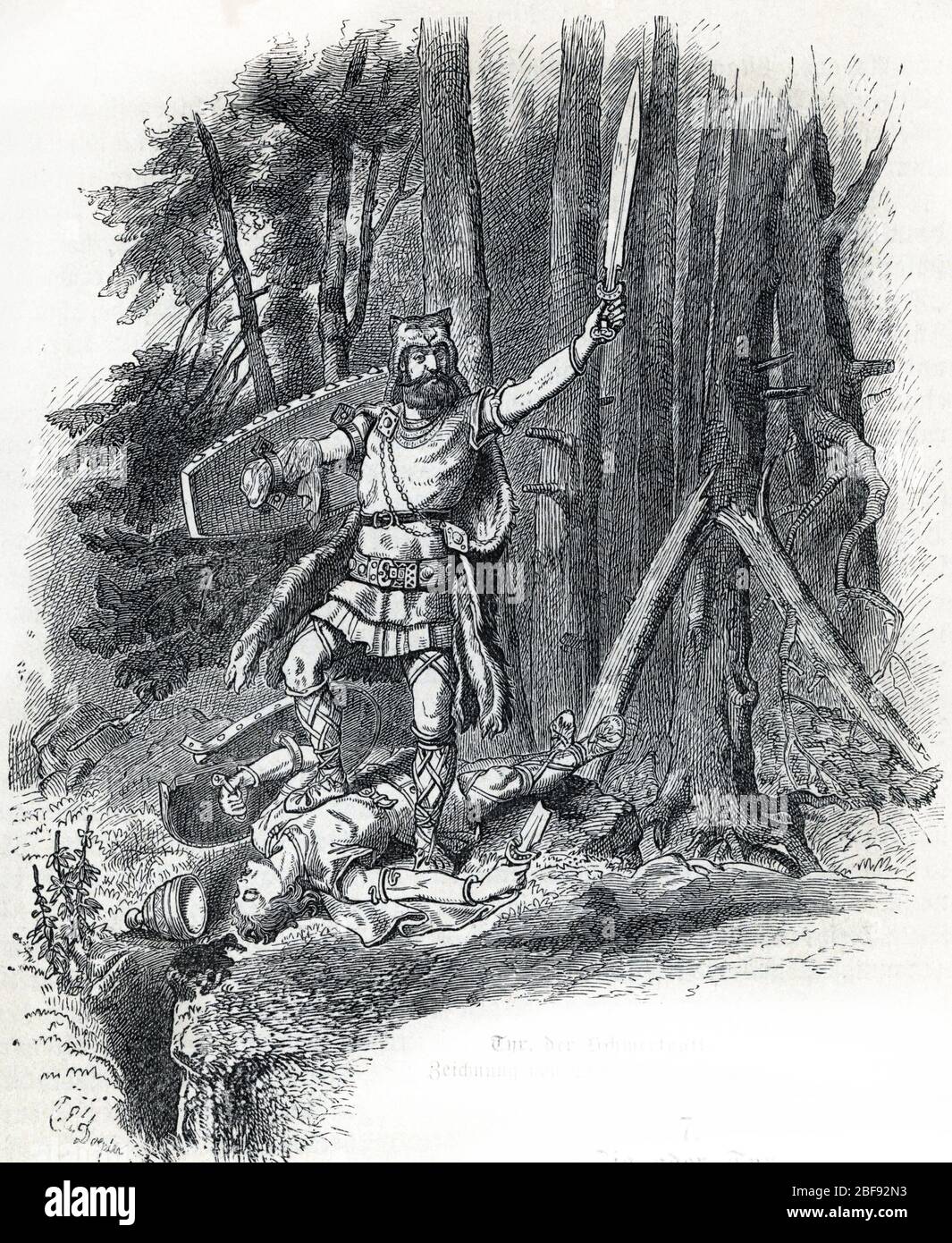 Mythologie nordique :  representation de Tyr (Norse mythology : the god Tyr) Gravure tiree de 'Nordisch-germanische Gotter und Helden' de Wilhelm wagn Stock Photo