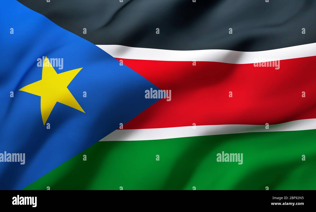 Flag of South Sudan blowing in the wind. Full page South Sudanese flying flag. 3D illustration. Stock Photo