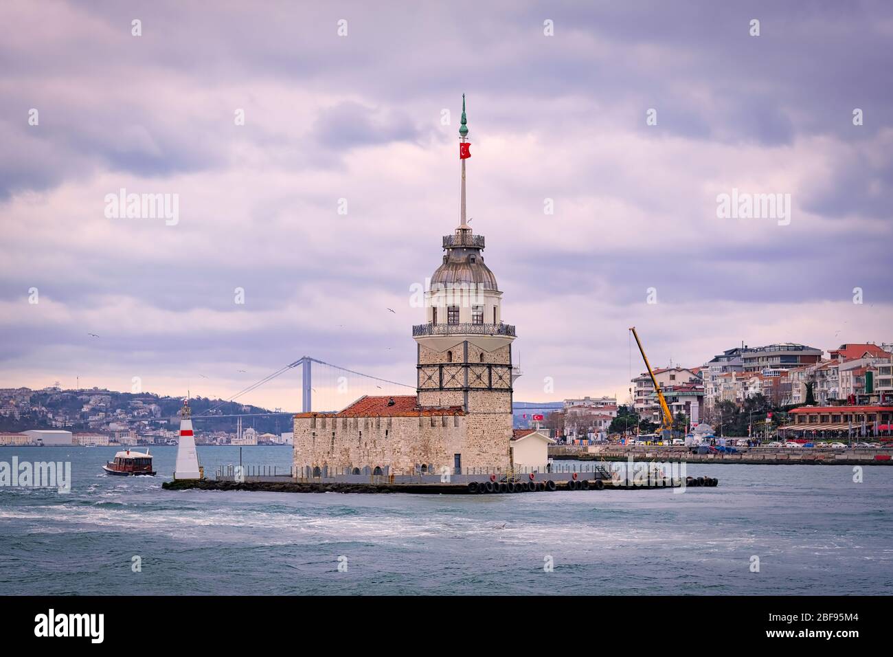 Landscape of the Maiden's Tower. The Maiden's Tower is on the waters of Uskudar and it can be considered as the cornerstone of the Bosphorus. Stock Photo