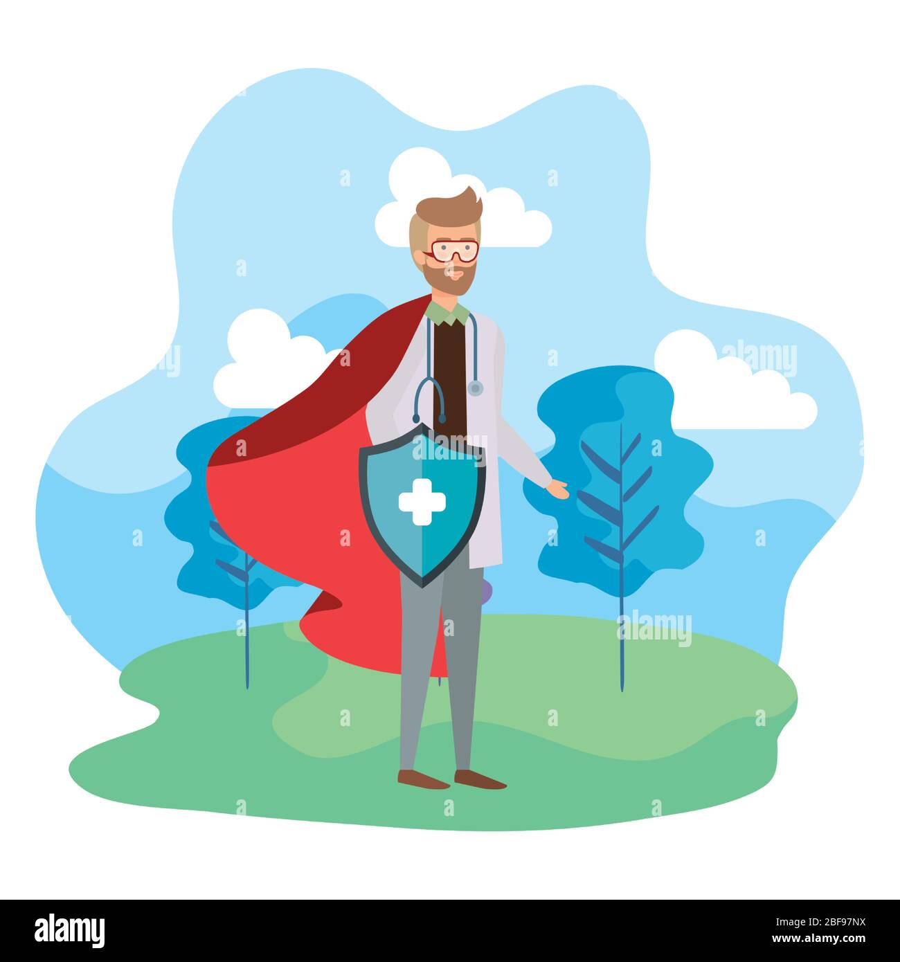 super doctor male with hero cloak and shield in landscape Stock Vector ...