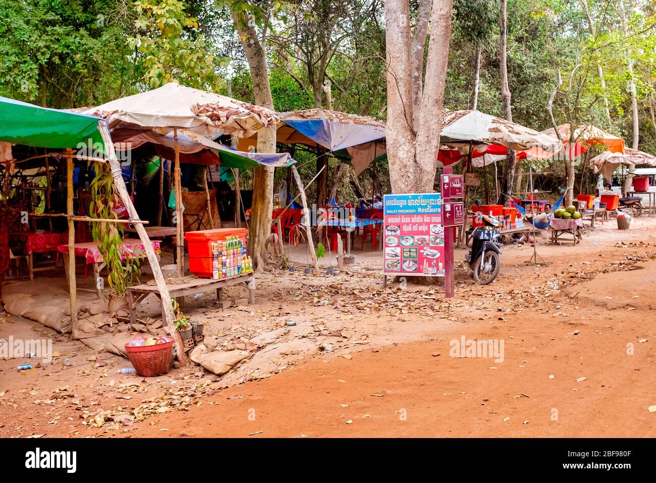 Roadside food stalls and restaurants in the Angkor  complex, Angkor, Siem Reap, Cambodia, Stock Photo