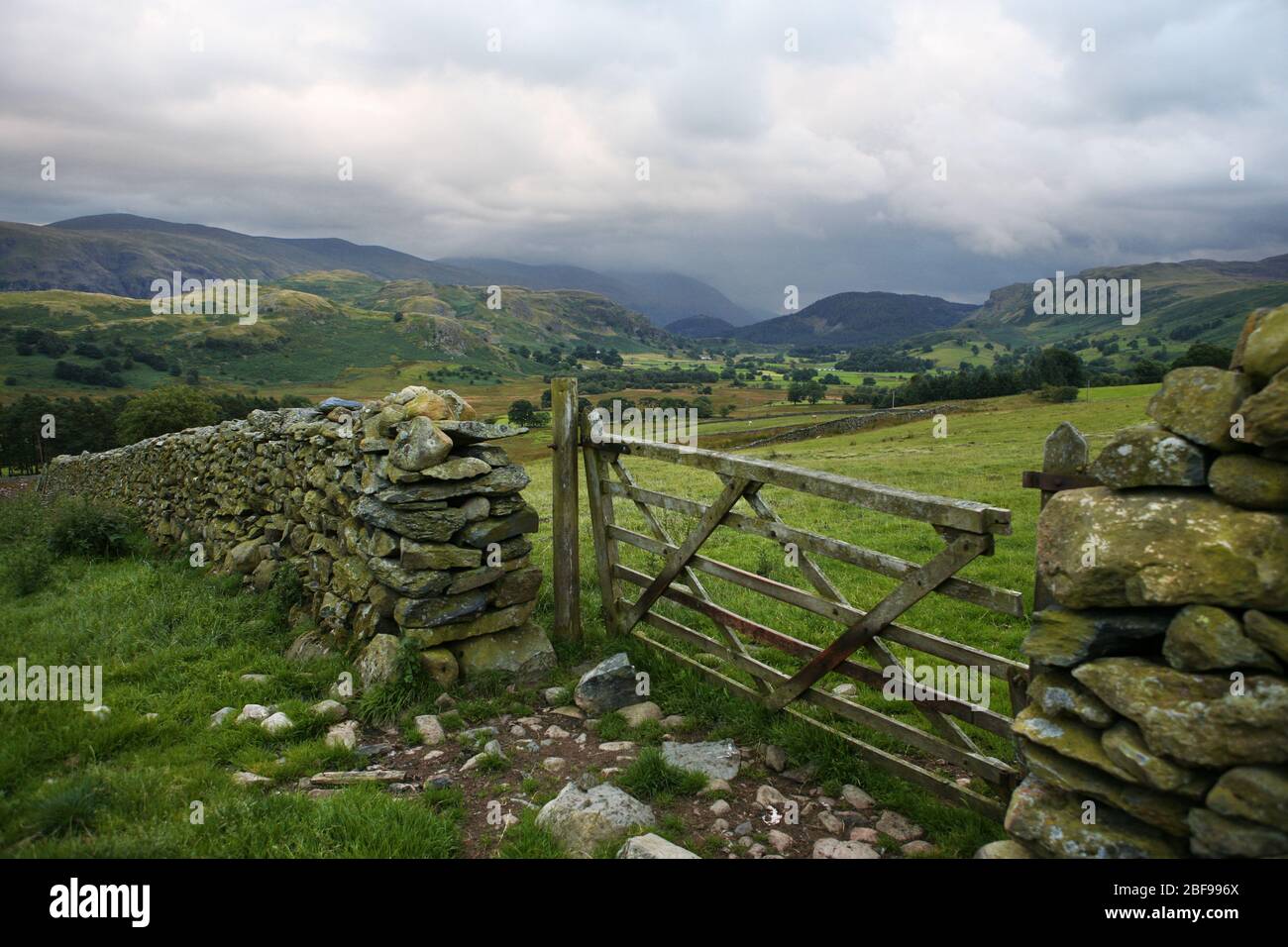 View down the Naddle Valley towards Helvellyn, on an overcast evening: The Lake District, Cumbria, England, UK Stock Photo