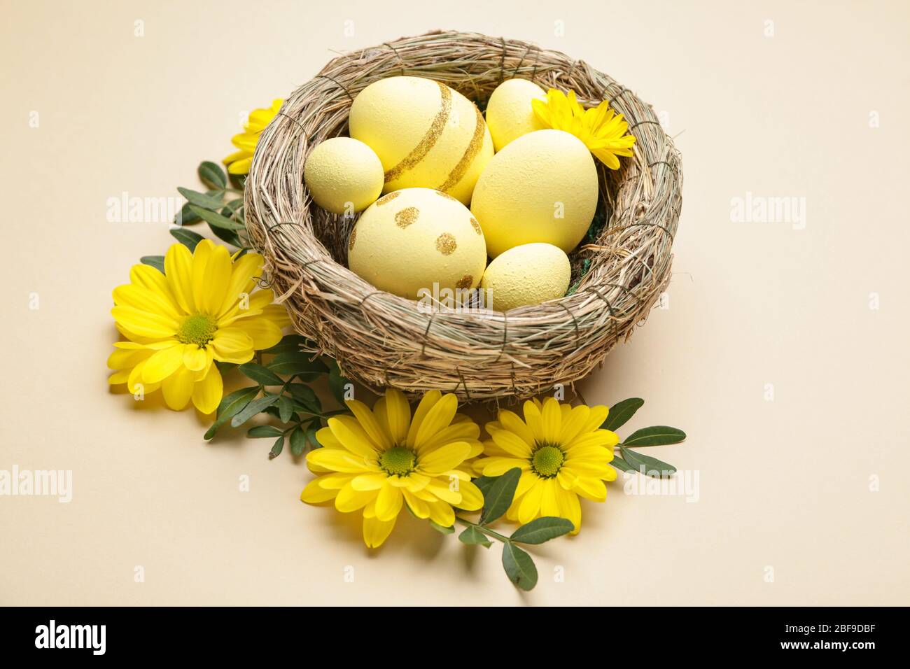 Nest with beautiful Easter eggs and flowers on color background Stock ...