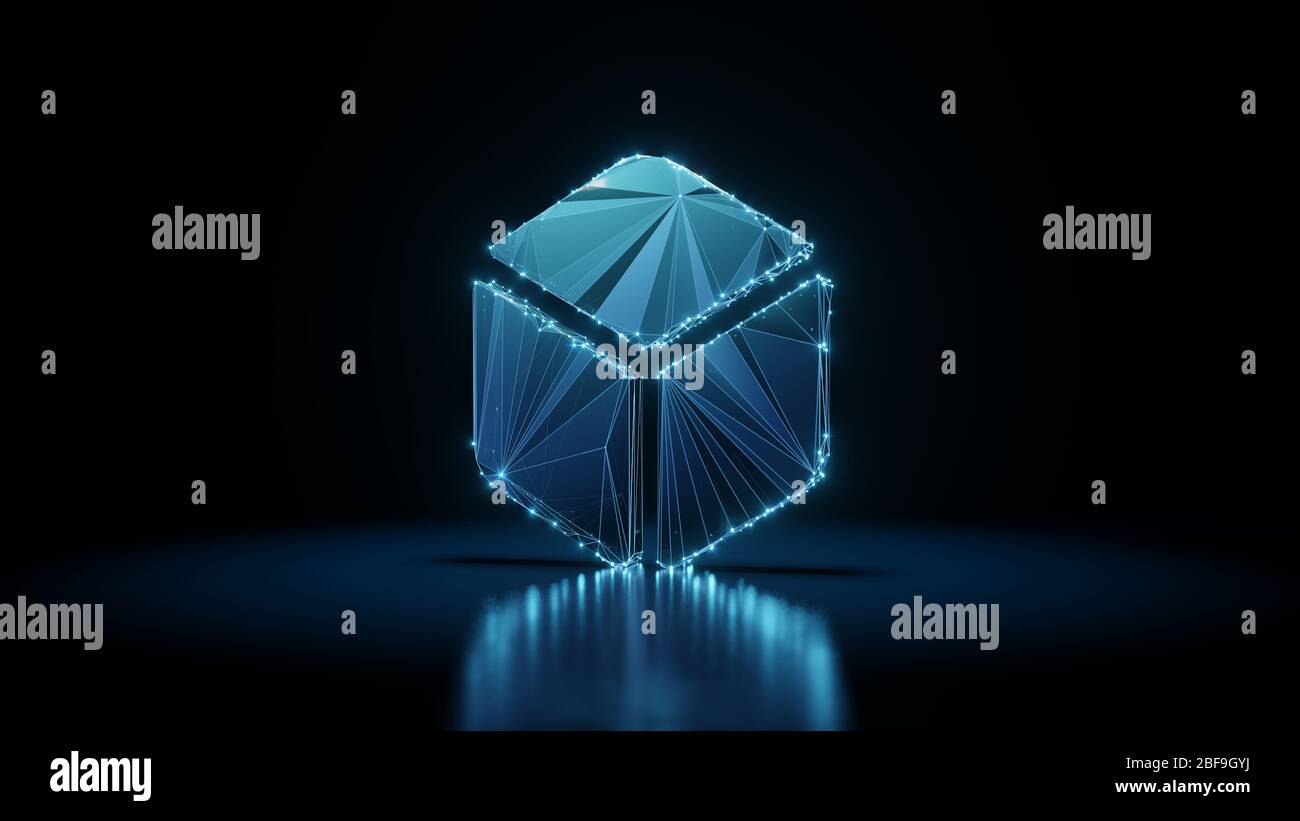 3d rendering wireframe digital techno neon glowing symbol of cube with ...