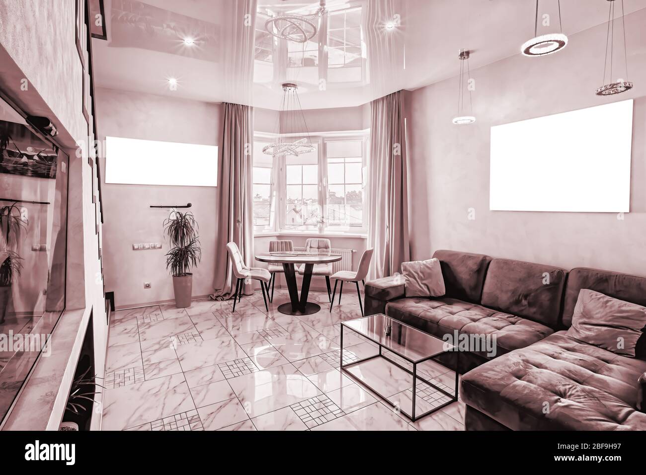 Modern Interior Of A Large And Cozy Living Room With A Sofa And A Table By The Window Mockup On The Wall Stock Photo Alamy