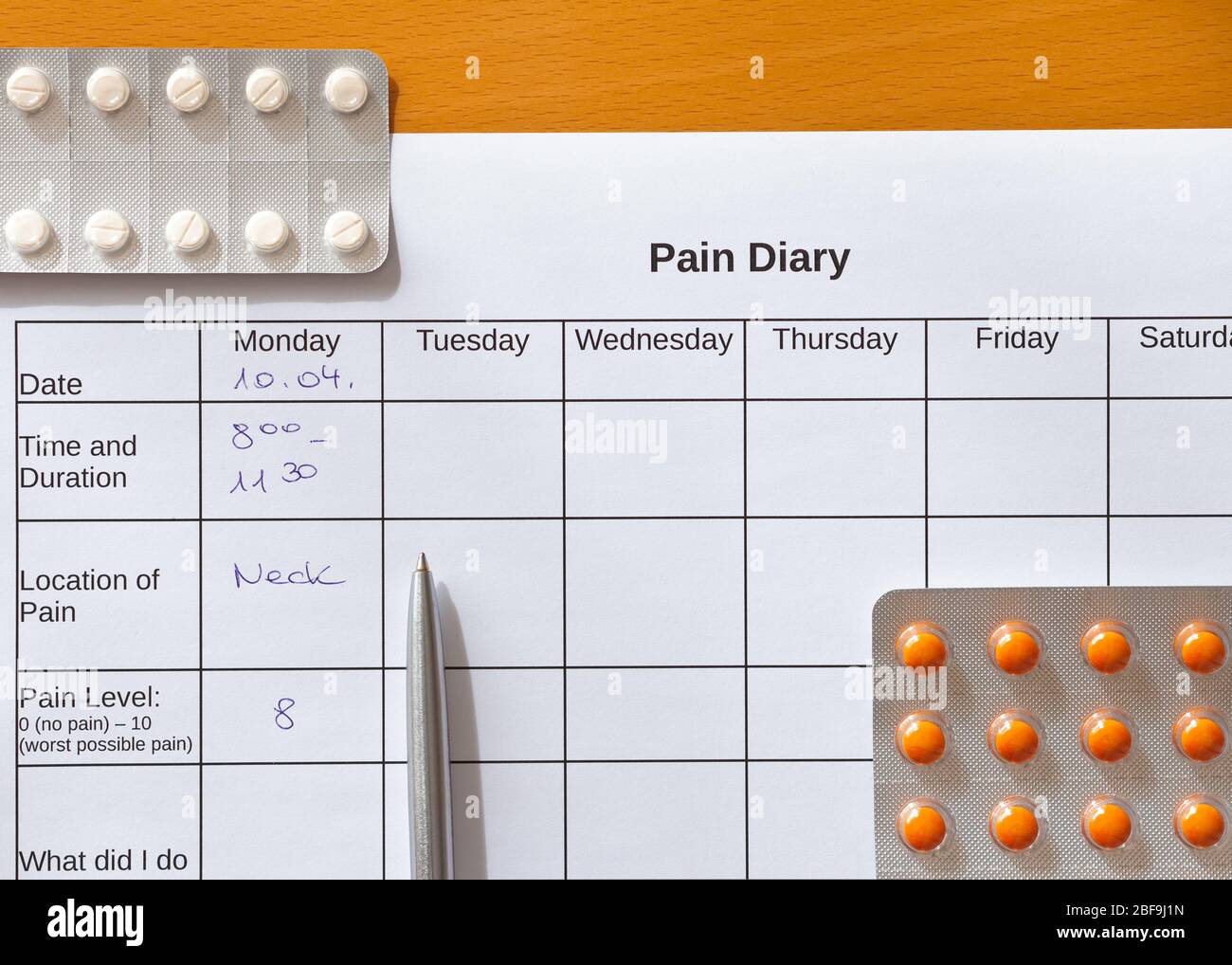 Pain Treatment Concept Weekly Pain Diary Spreadsheet For Cause