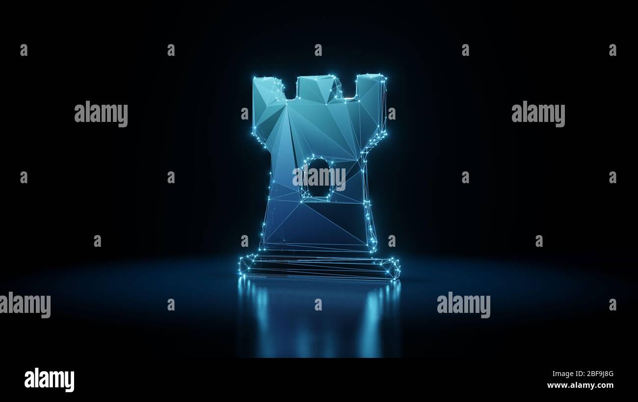 3d rendering wireframe digital techno neon glowing symbol of chess rook ...