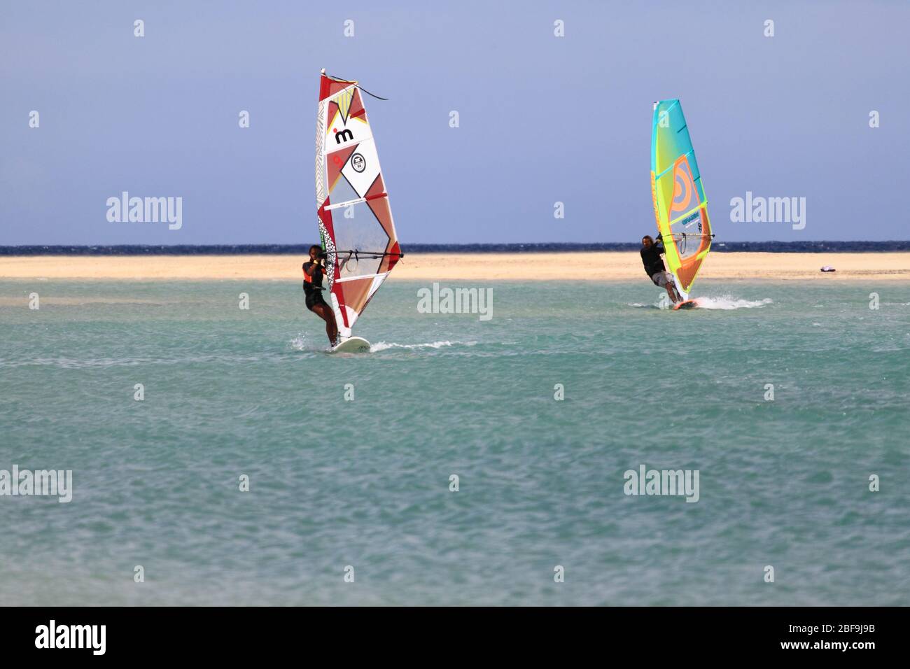 Costa Calma, Spain - May 13, 2019: Surfers in Sotavento Beach in Fuerteventura. Canary Islands, Spain Stock Photo