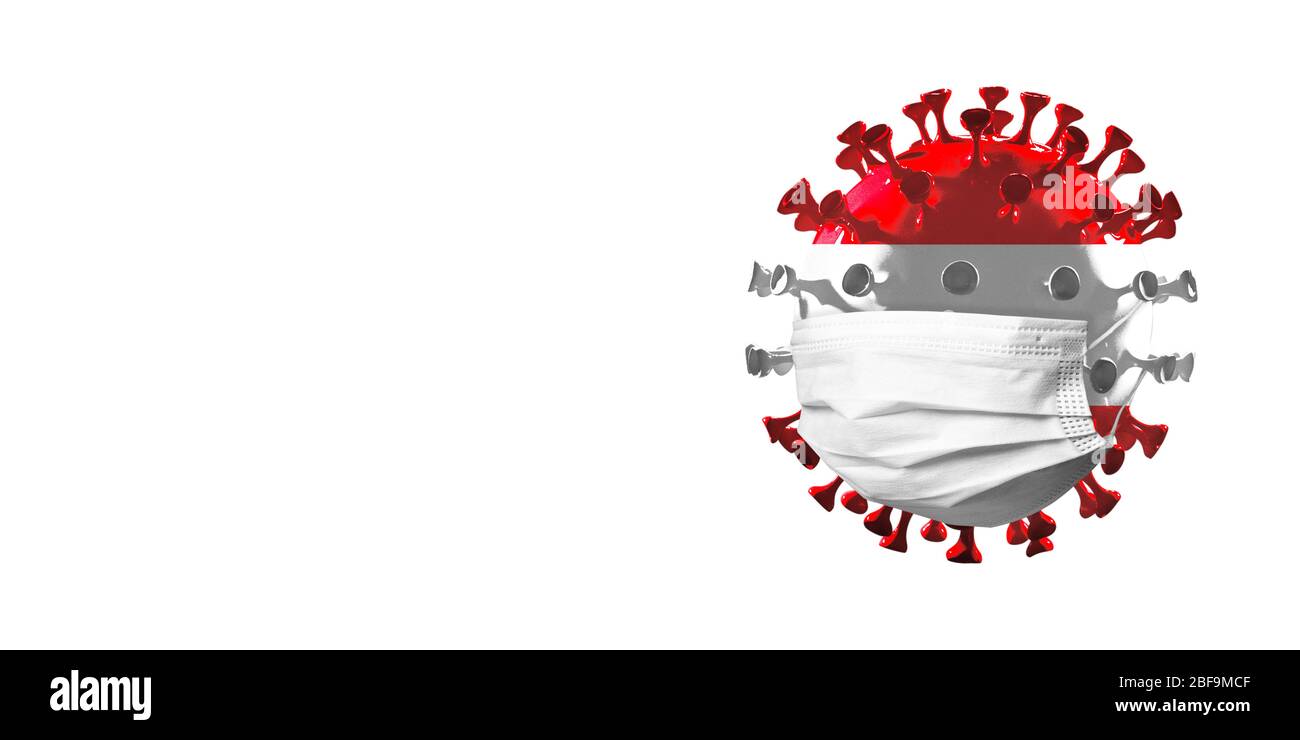 Model of COVID-19 coronavirus colored in national Austria flag in face mask, concept of pandemic spreading, medicine and healthcare. Worldwide epidemic, quarantine and isolation, protection. Copyspace. Stock Photo