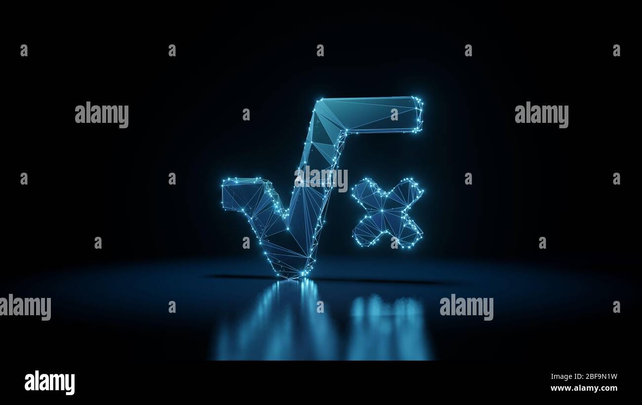 3d rendering wireframe digital techno neon glowing symbol of root and letter x with shining dots on black background with blured reflection on floor Stock Photo