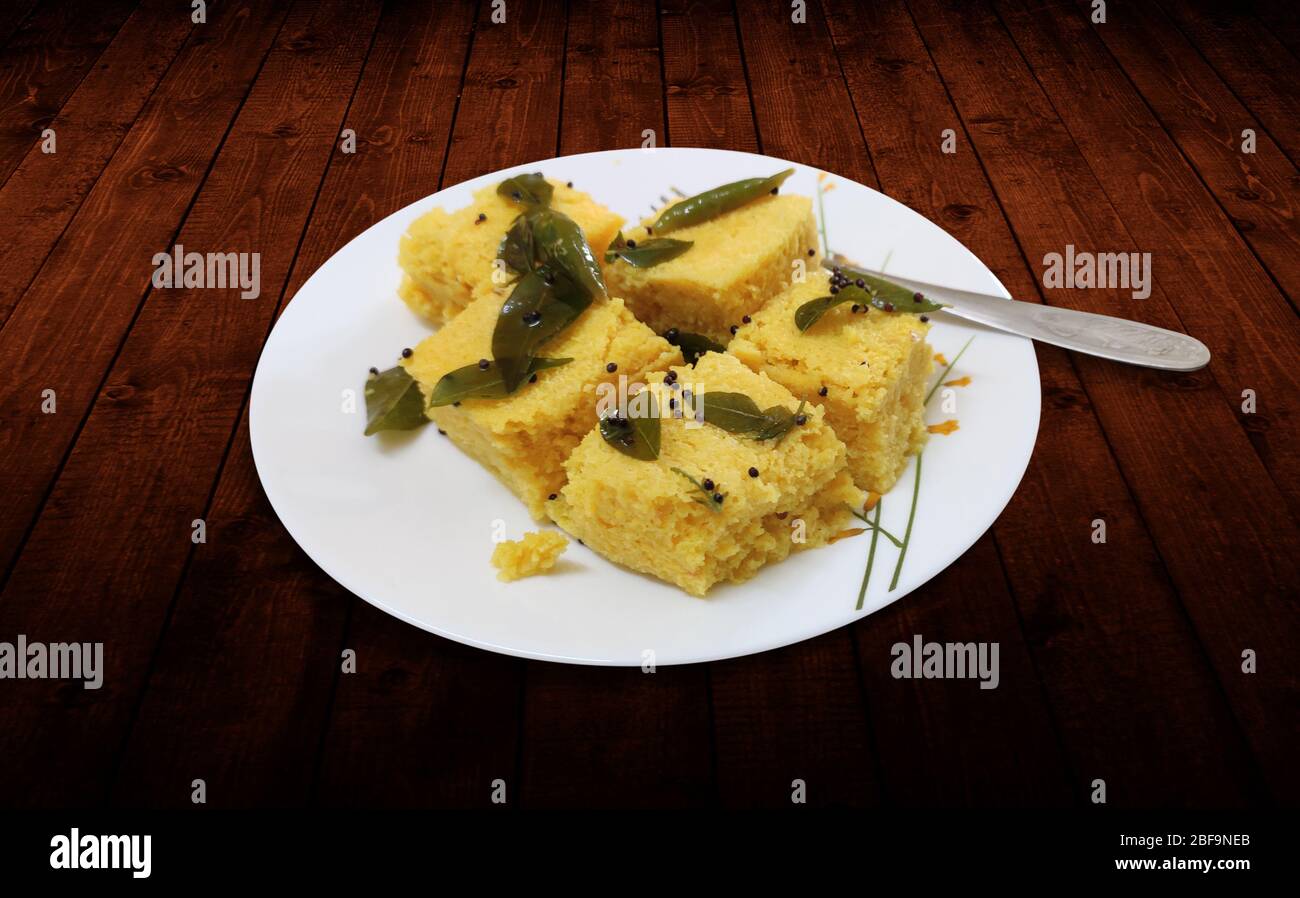 Steamed Gramflour Indian Snacks - Gujarati Dhokla Stock Photo