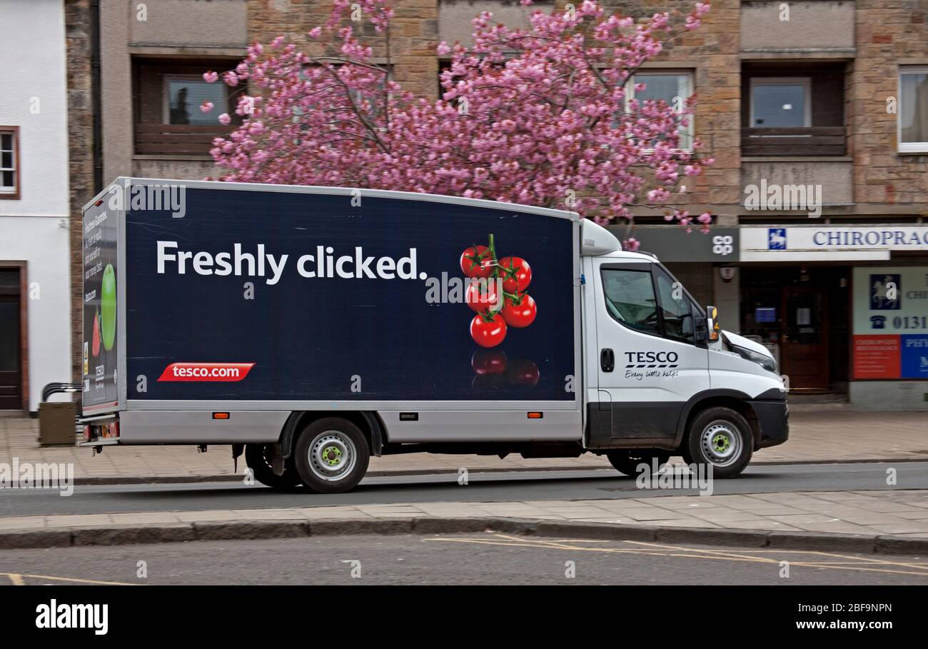 Musselburgh, High Street, East Lothian, Scotland, UK. Very quiet pavements due to the Coronavirus Lockdown but several cars and the pictured Tesco Van passing through past a beautiful blosson tree. Stock Photo