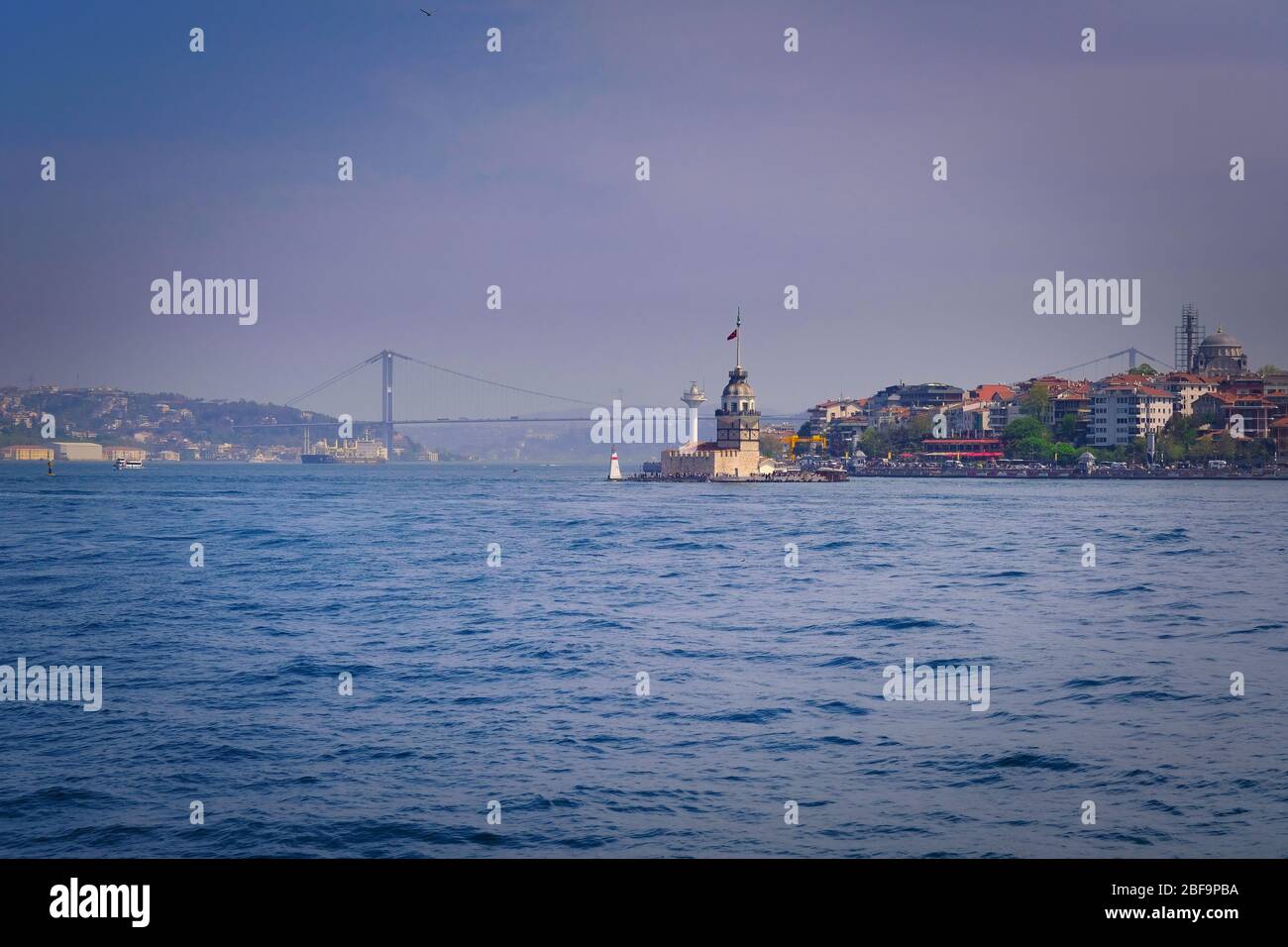 Landscape of the Maiden's Tower. The Maiden's Tower is on the waters of Uskudar and it can be considered as the cornerstone of the Bosphorus. Stock Photo