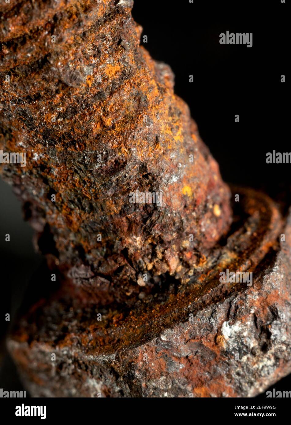 Rusted screw closeup view on black background Stock Photo