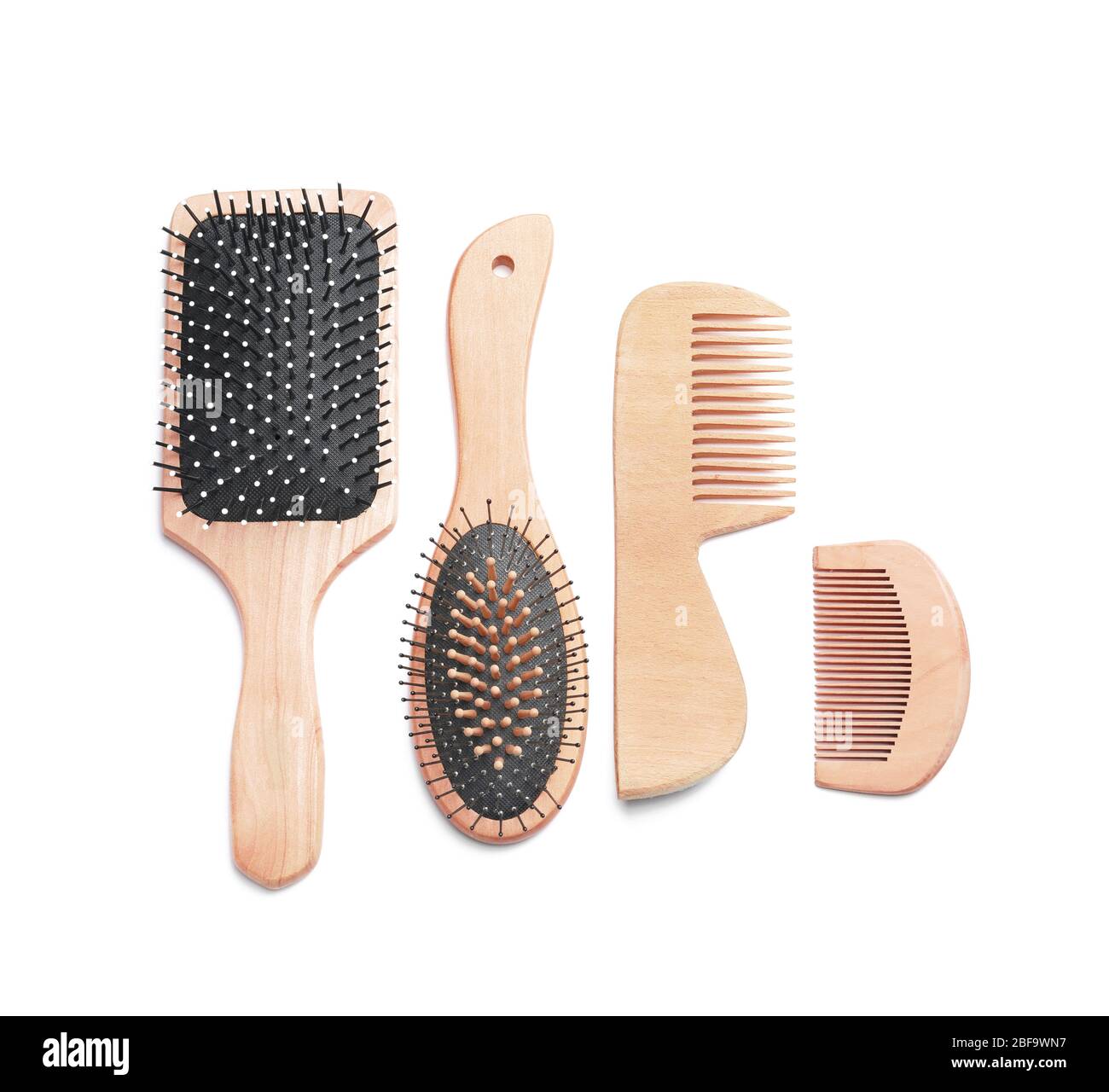 Hair brushes and combs on white background Stock Photo
