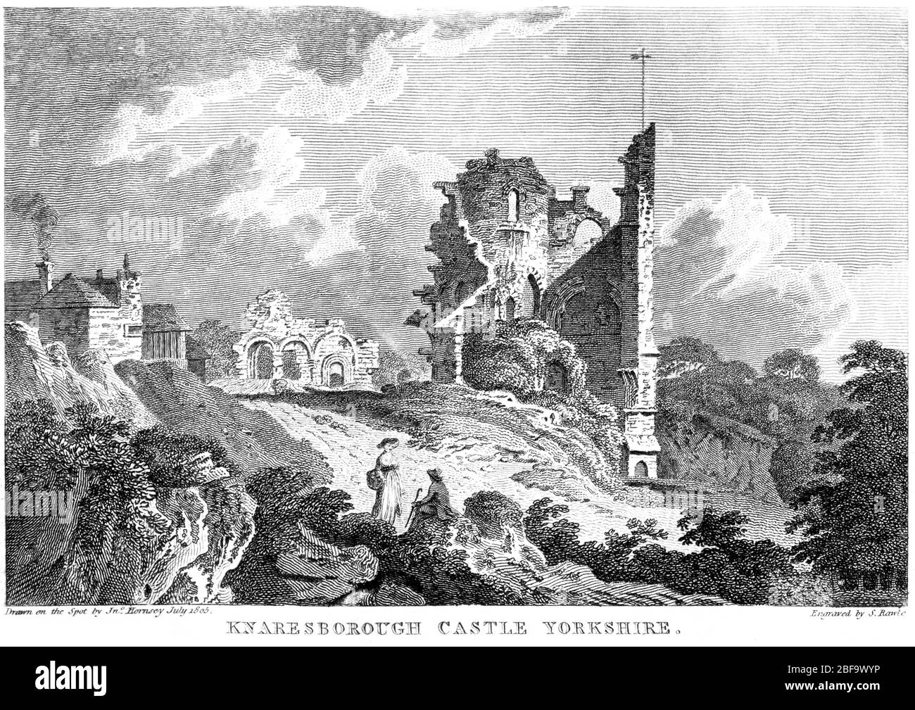 Engraving of Knaresborough Castle Yorkshire scanned at high resolution from a book printed in 1827. This image is believed to be free of all copyright Stock Photo