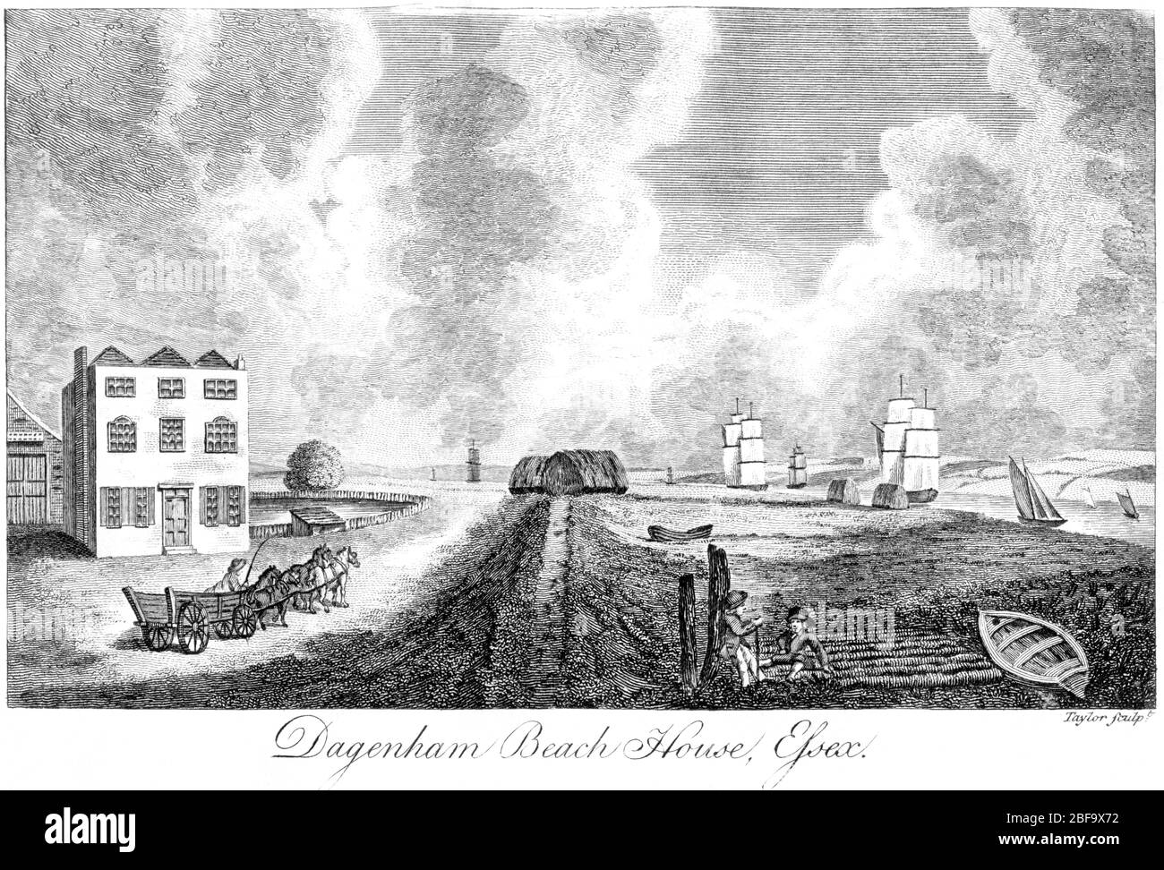 An engraving of Dagenham Beach House, Essex scanned at high resolution from a book printed in 1827. This image is believed to be free of all copyright Stock Photo