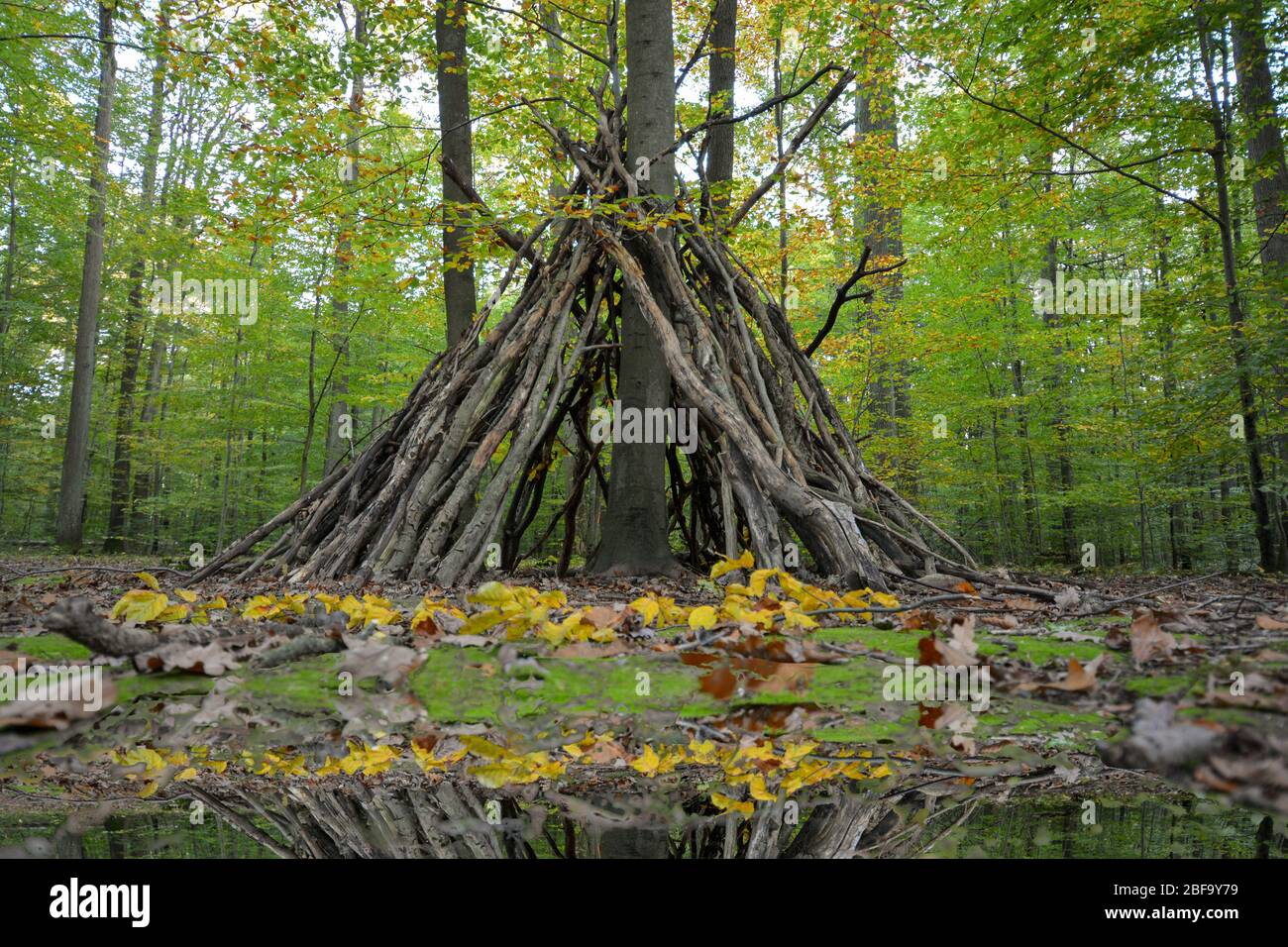treehouse / tent - a tipi made by children in the autumn forest Stock Photo