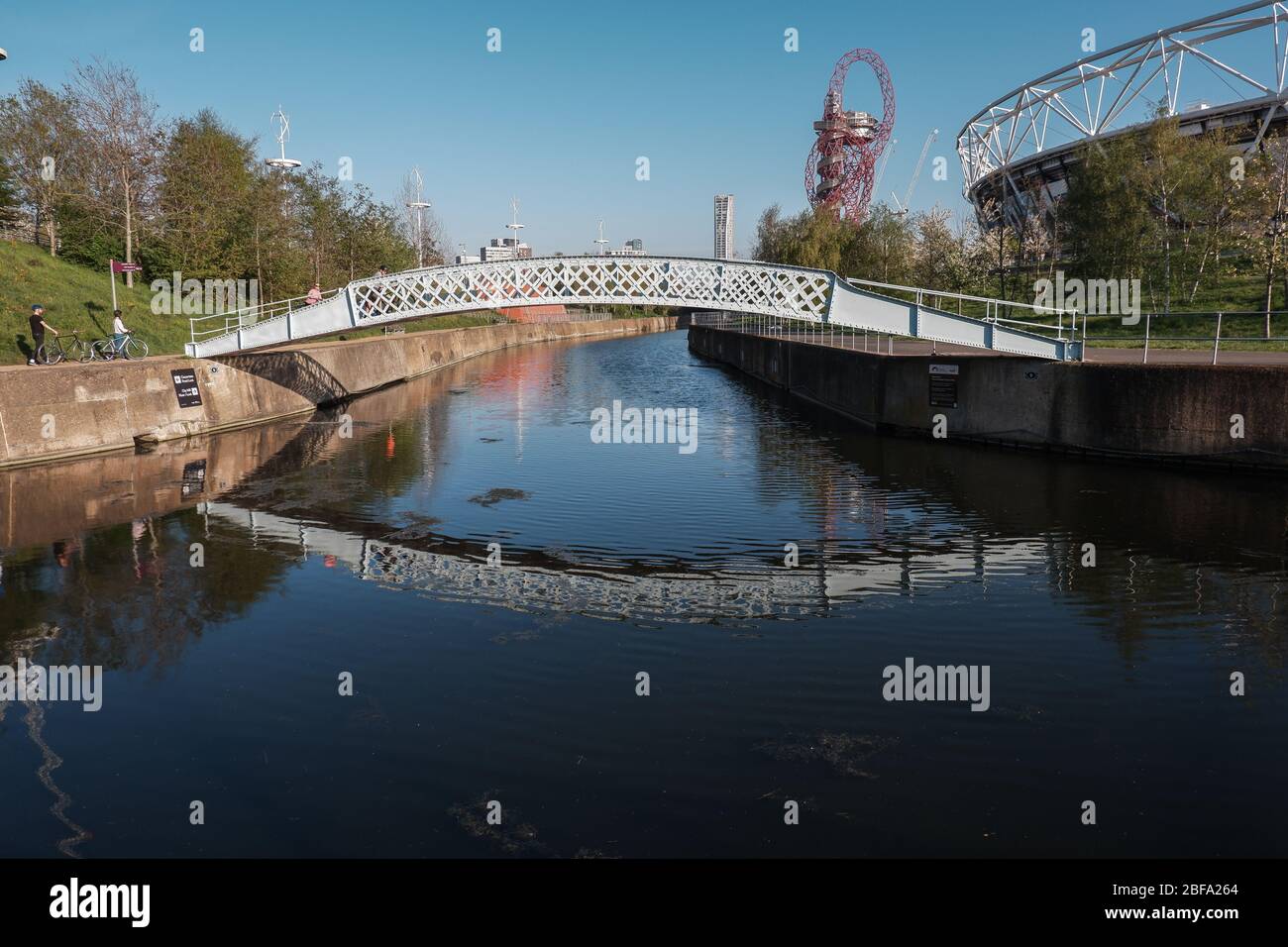 London, England –April 2020 :  River Lea, Queen Elizabeth Olympic Park Stock Photo