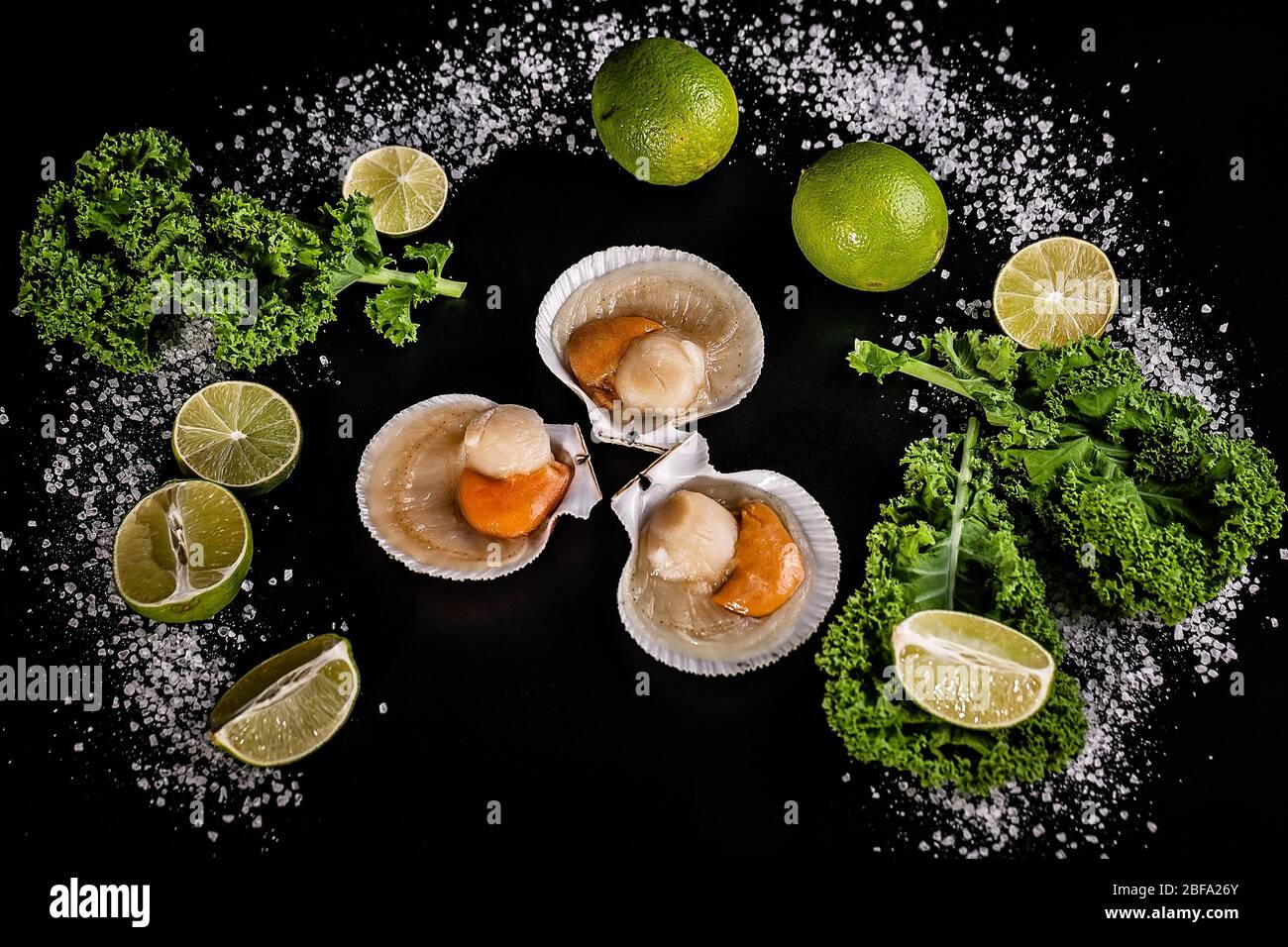 Delicious seafood. Scallops on black background. Horisontal shot. Close-up. Top view. Stock Photo