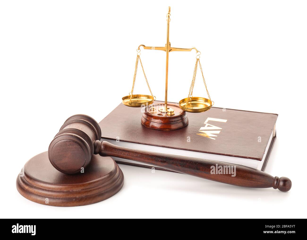 Judge's gavel, book and scales of justice on white background Stock Photo