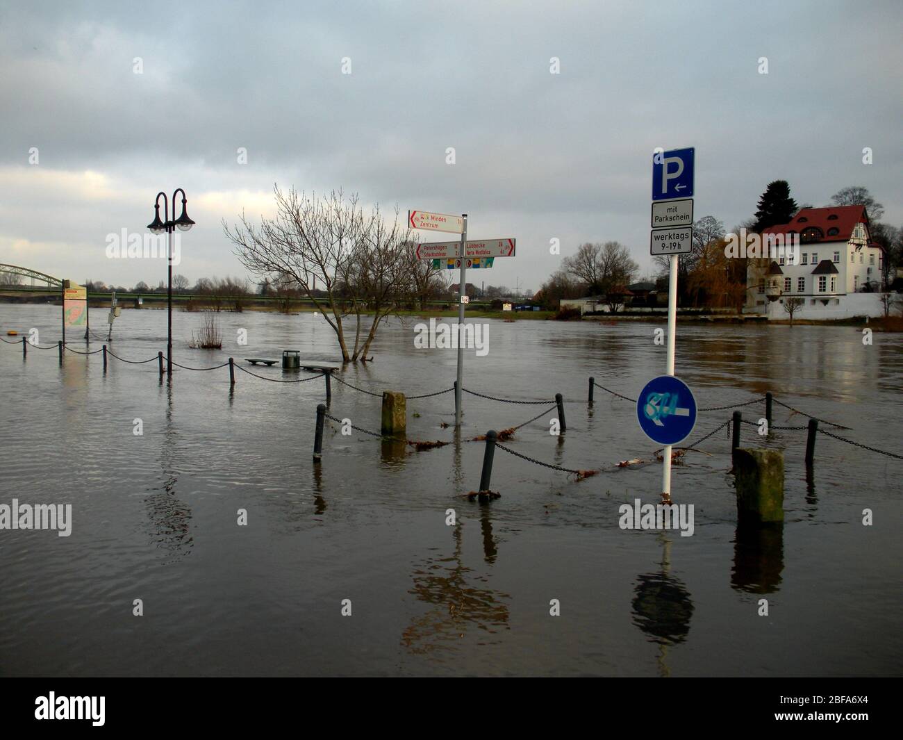 Natural disaster winter flood in Minden on Weser river, North Rhine  Westphalia NRW, Germany Stock Photo - Alamy