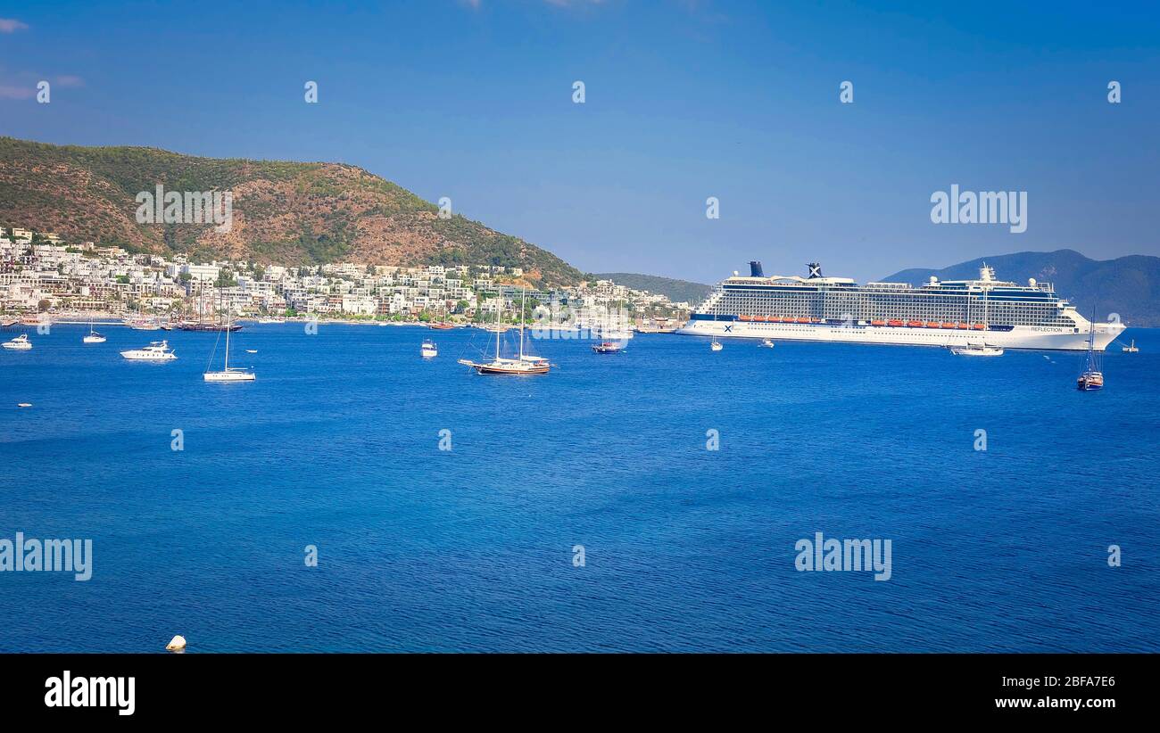 Bodrum Downtown with castle, beach and marina. View of Bodrum Beach ...