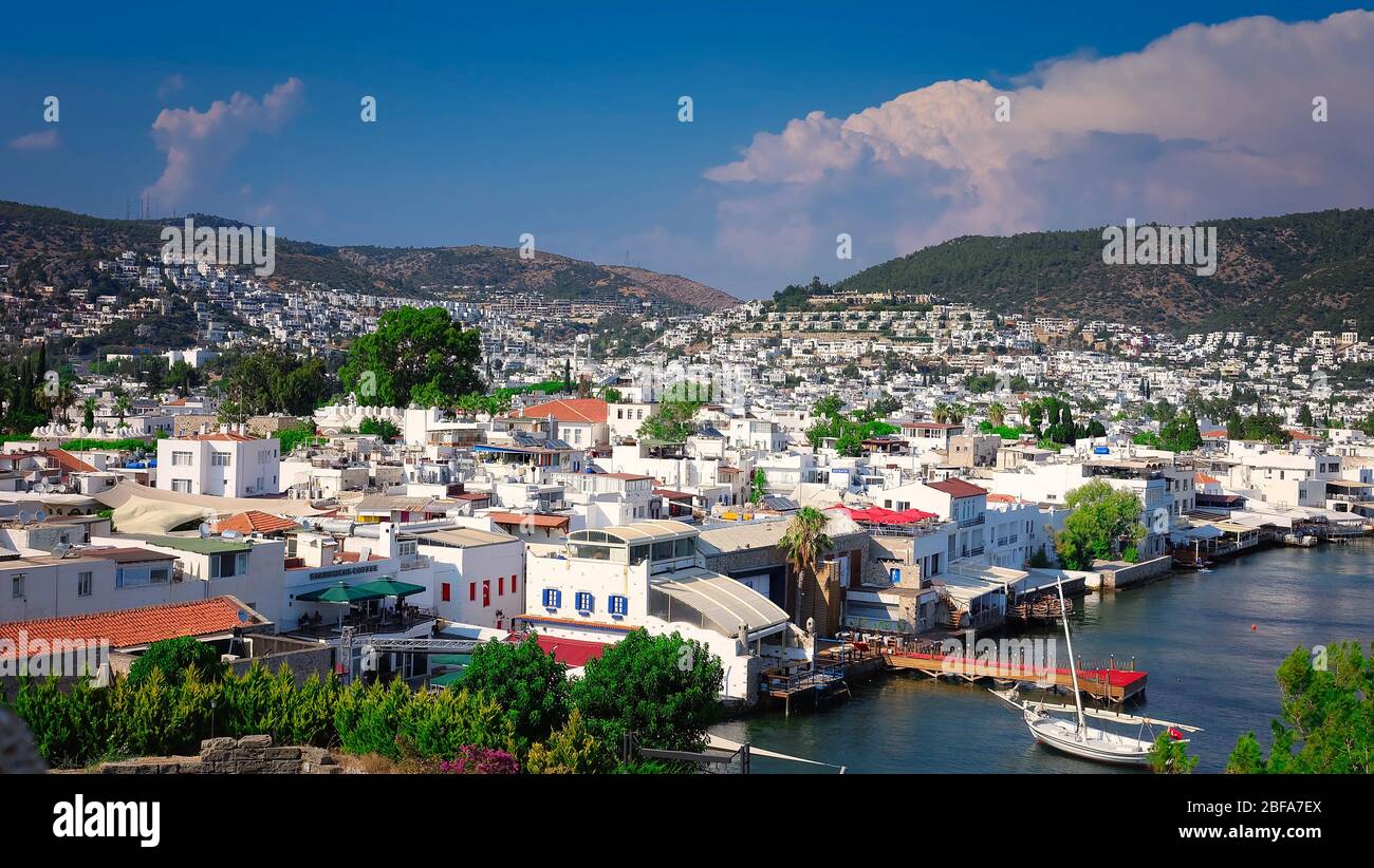 Bodrum Downtown with castle, beach and marina. View of Bodrum Beach ...