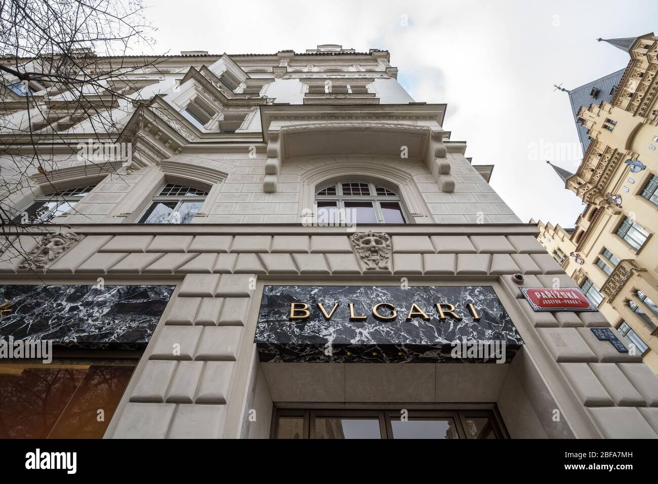 PRAGUE, CZECHIA - NOVEMBER 1, 2019: Bulgari logo in front of their main boutique for Prague. Bvlgari is a luxury fashion, jewelry and fragrance design Stock Photo