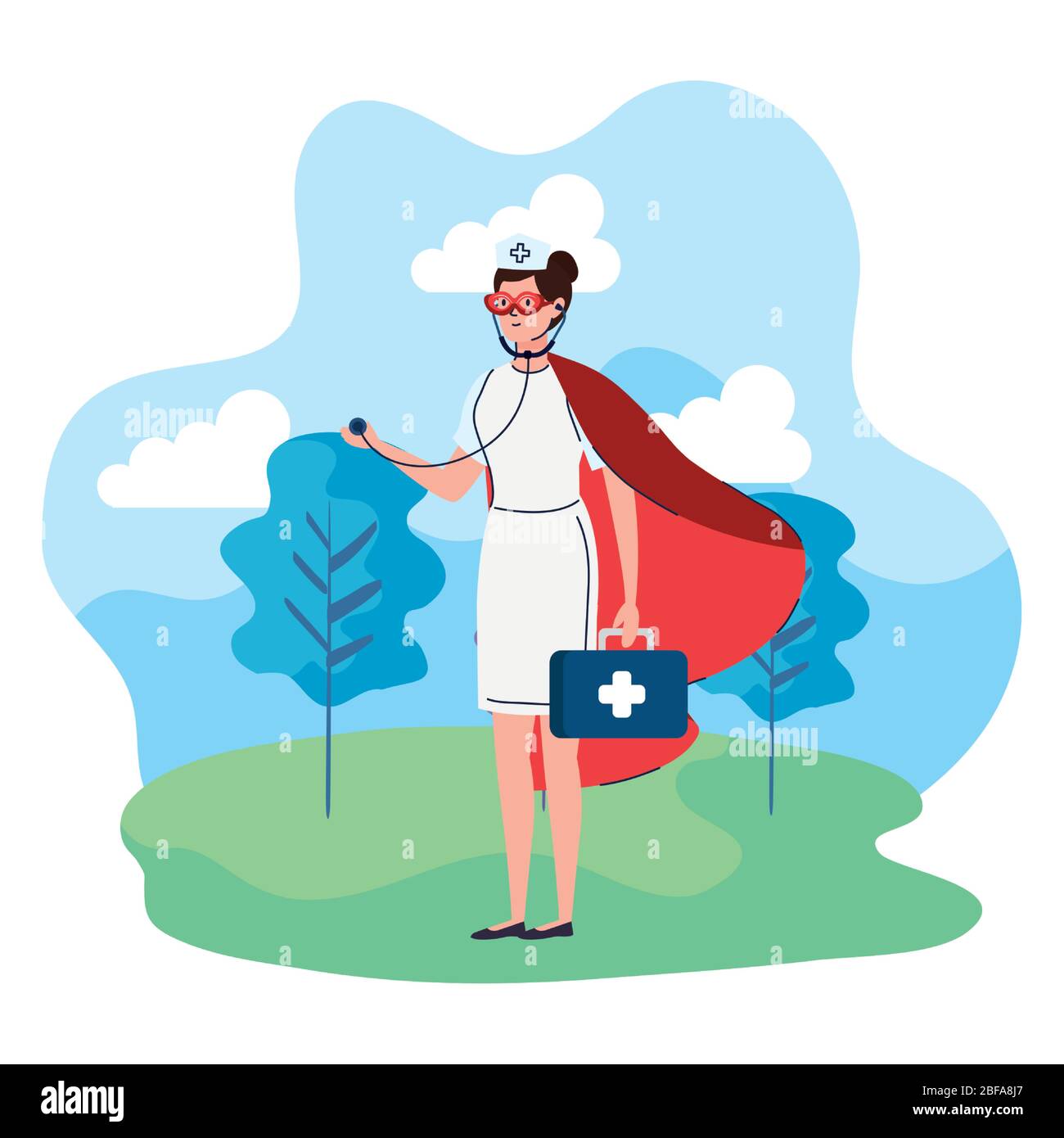 super nurse with hero cloak and first aid kit in landscape Stock Vector ...