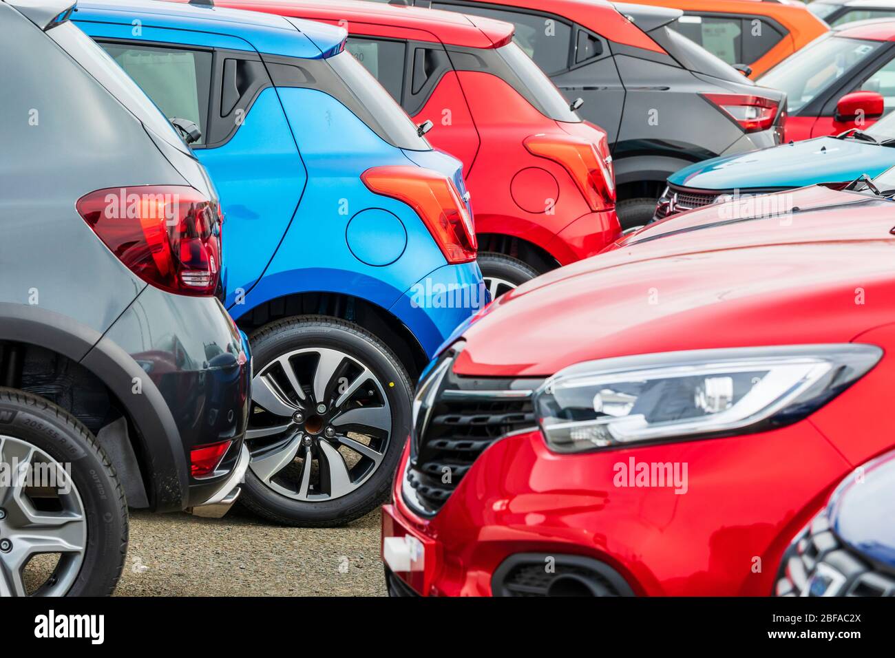 Cars for sale in a garage forecourt, Irvine, Ayrshire Stock Photo