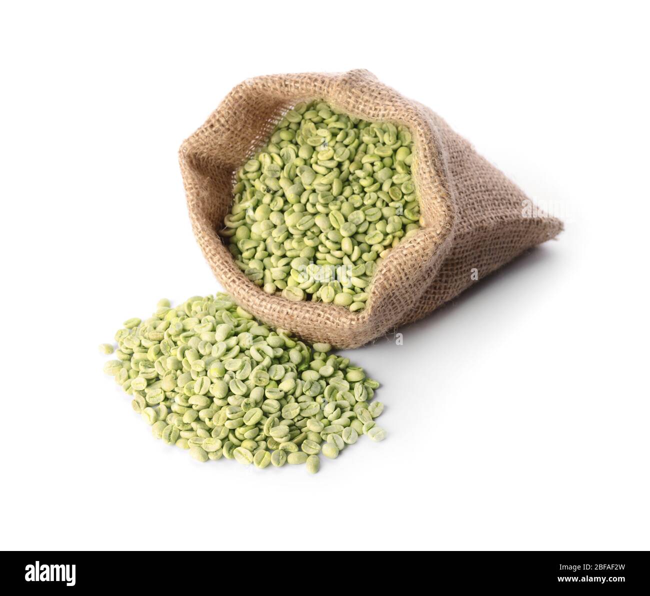Sack with green coffee beans on white background Stock Photo - Alamy