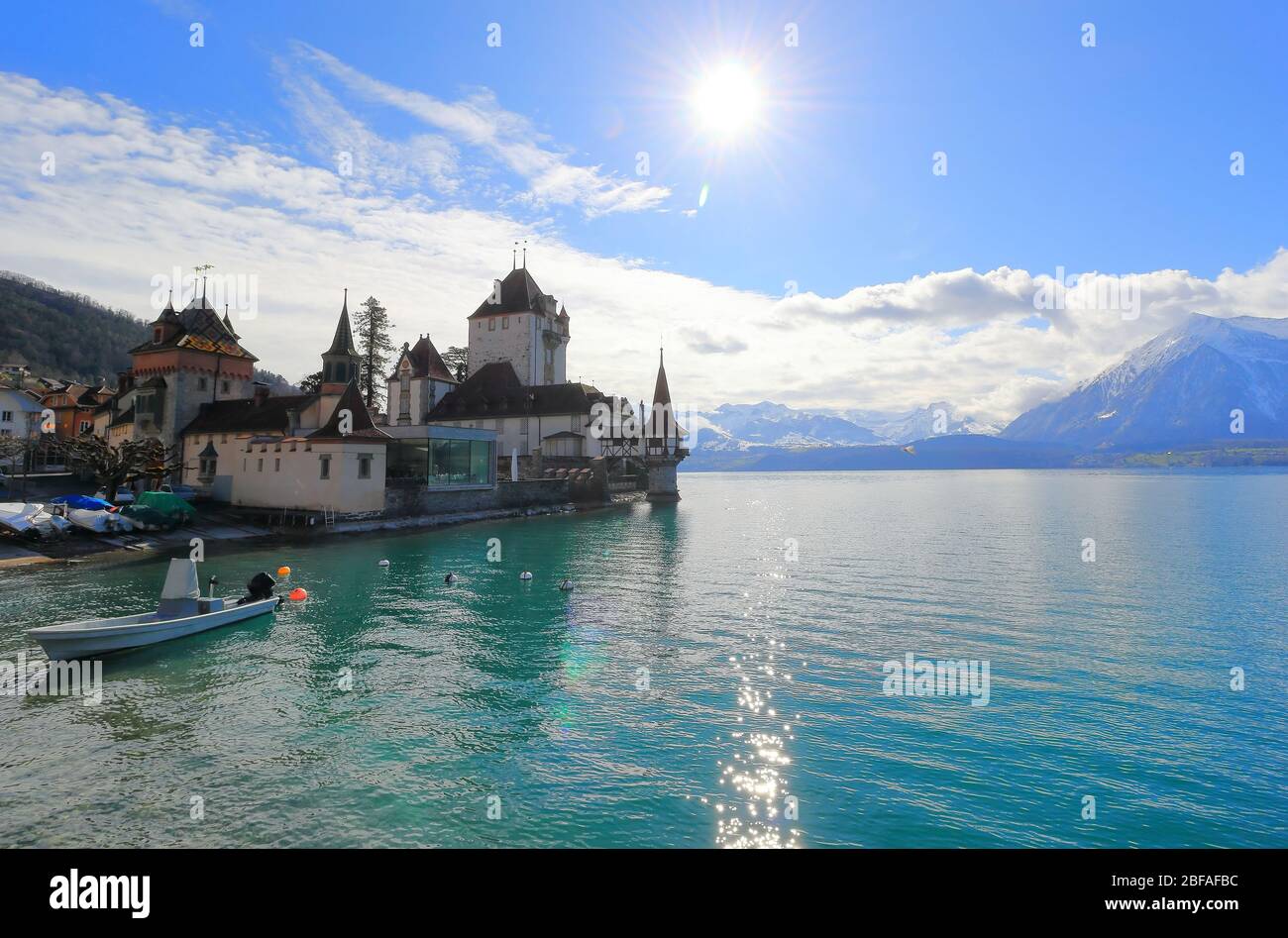 Oberhofen Castle from Lake Thun. Oberhofen town is located on the northern shore of Lake Thun. Switzerland, Europe. Stock Photo
