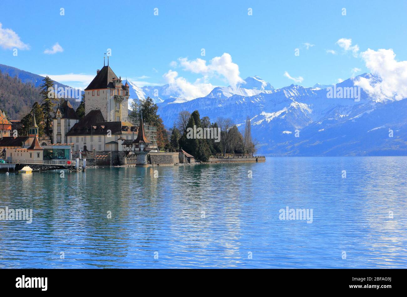 Oberhofen Castle from Lake Thun. Oberhofen town is located on the northern shore of Lake Thun. Switzerland, Europe. Stock Photo