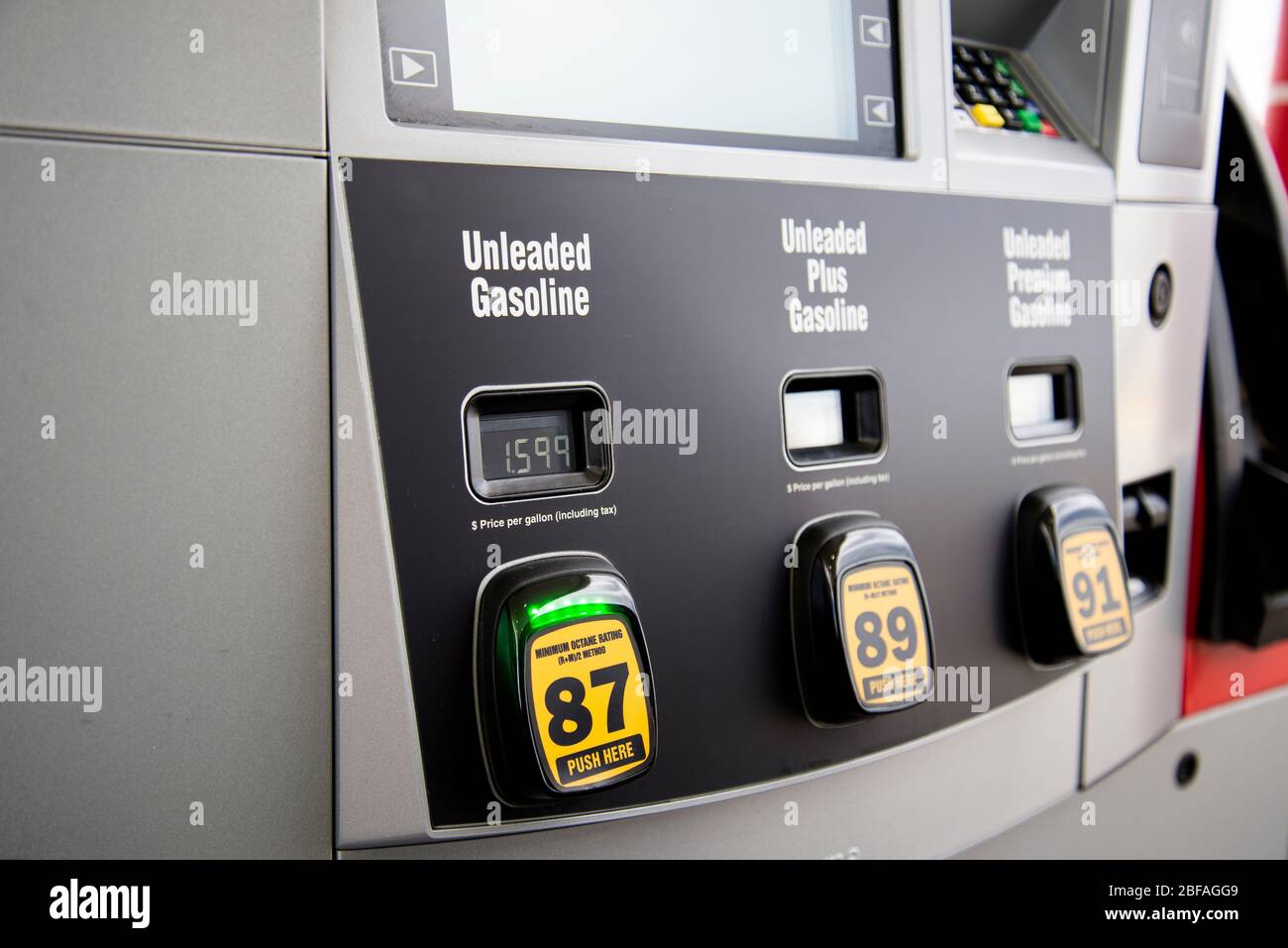 Helena, Montana - April 10, 2020: Gas pump with low unleaded gas prices during Coronavirus Covid-19 pandemic and shutdown. Reduced oil prices at Safew Stock Photo
