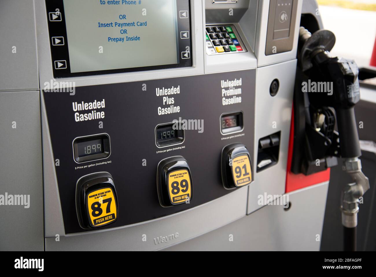 Helena, Montana - April 10, 2020: Gas pump with cheap low gas prices during Coronavirus Covid-19 pandemic and shutdown. Reduced oil prices at Safeway Stock Photo
