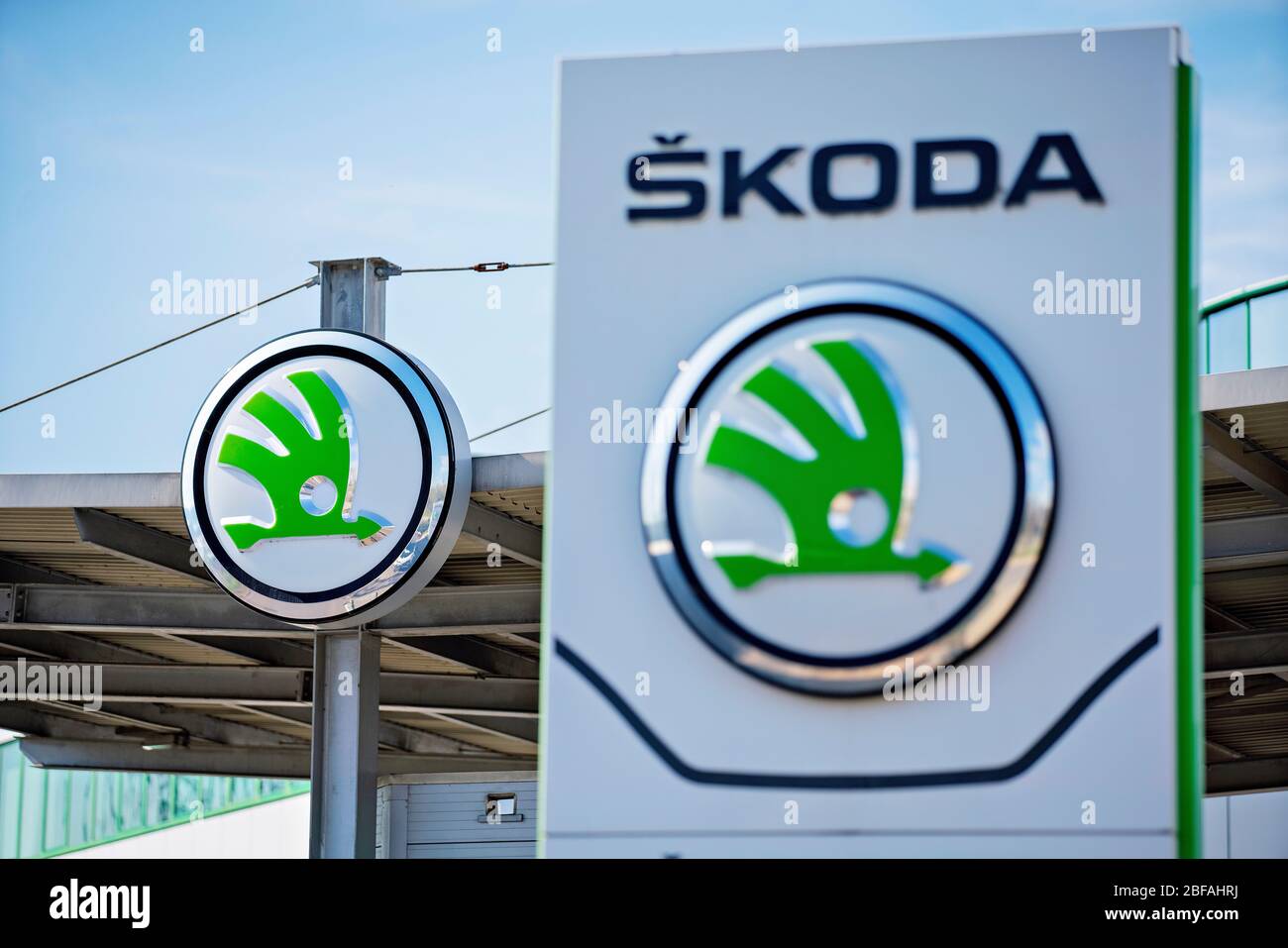 Logo of the Skoda Auto, Czech automobile manufacturer of Volkswagen Group,  is seen in Repov, Mlada Boleslav, Czech Republic, on April 16, 2020. (CTK P  Stock Photo - Alamy