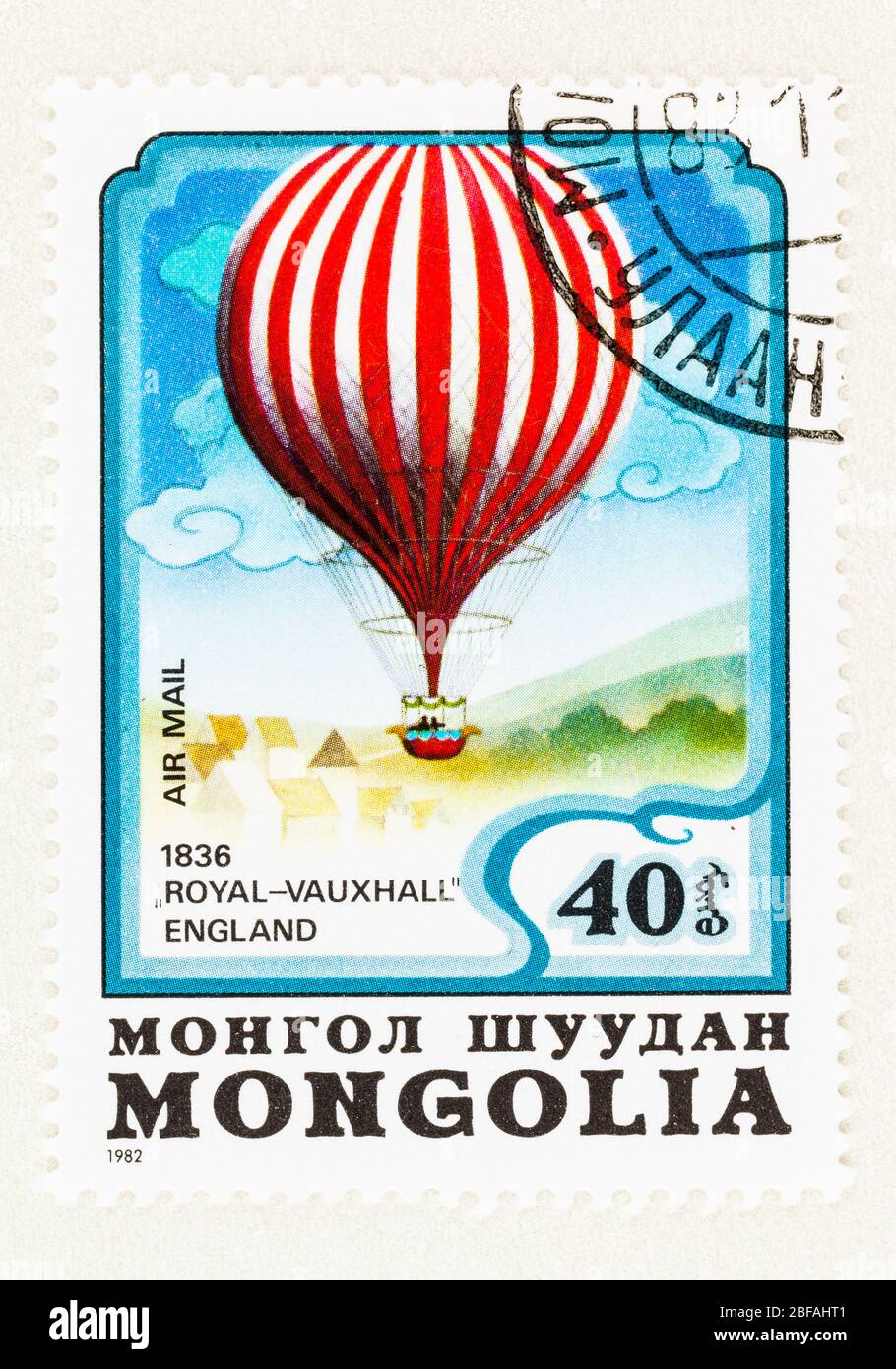 SEATTLE WASHINGTON - April 16, 2020: Postage stamp of Mongolia issued in 1982, featuring the manned un-tethered hot air balloon flight of 1836. Stock Photo