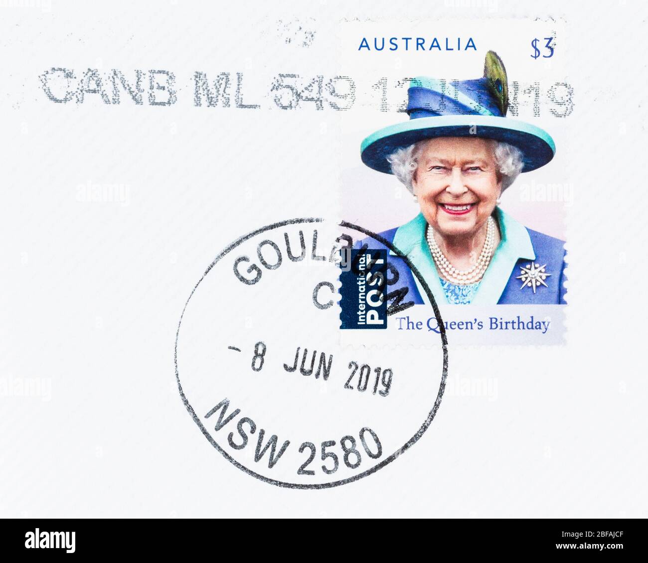 SEATTLE WASHINGTON - April 15, 2020: Close up of 2019 Australian stamp commemorating Queen Elizabeth's 93 birthday, on envelope with copy space. Stock Photo