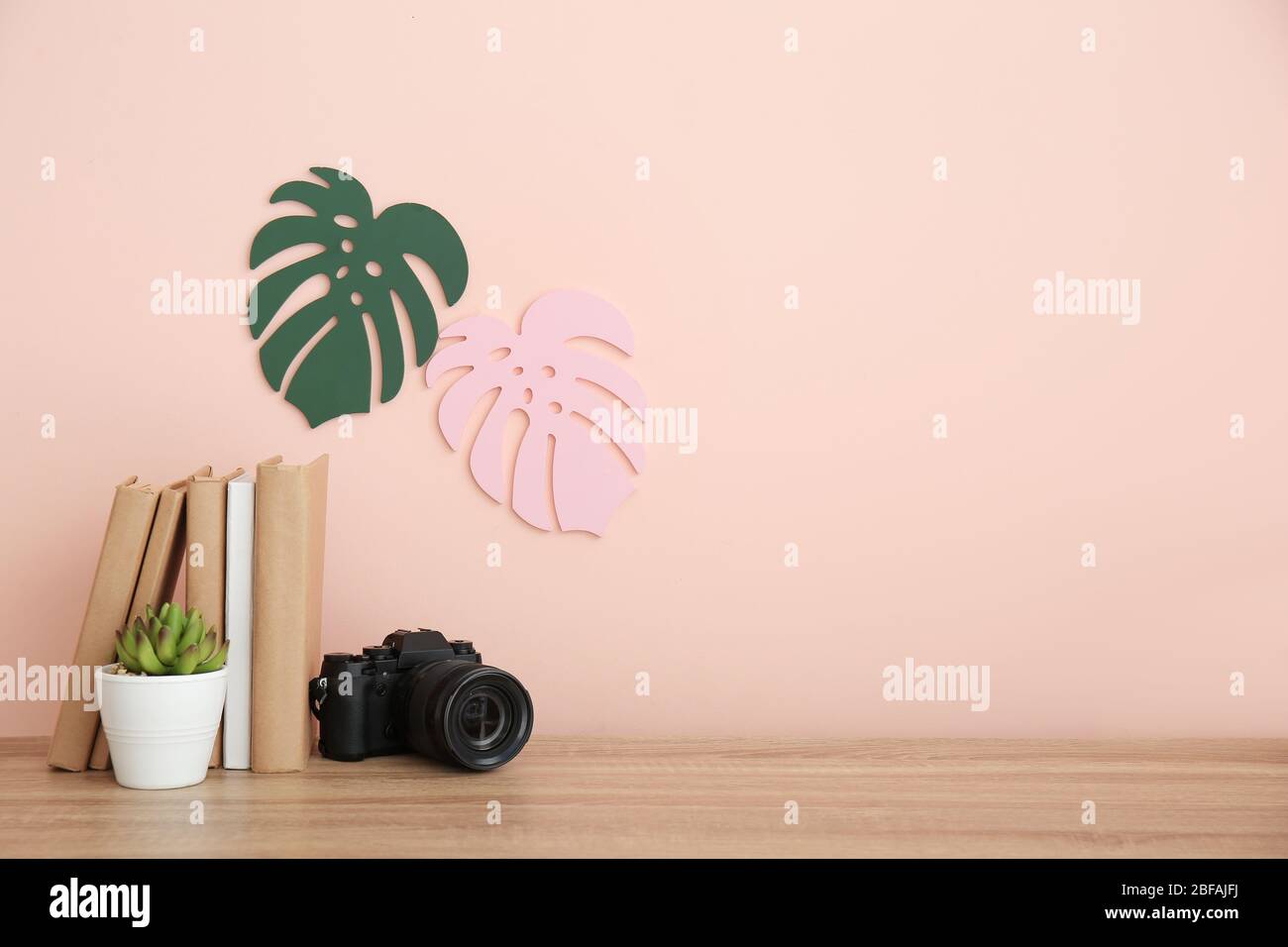 Modern stylish workplace near color wall Stock Photo