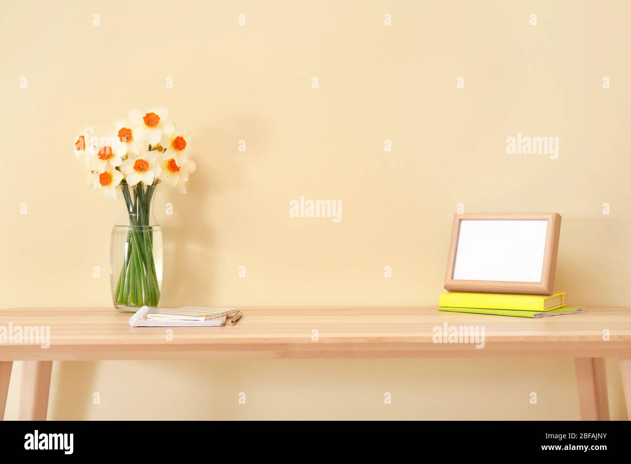 Modern stylish workplace near color wall Stock Photo