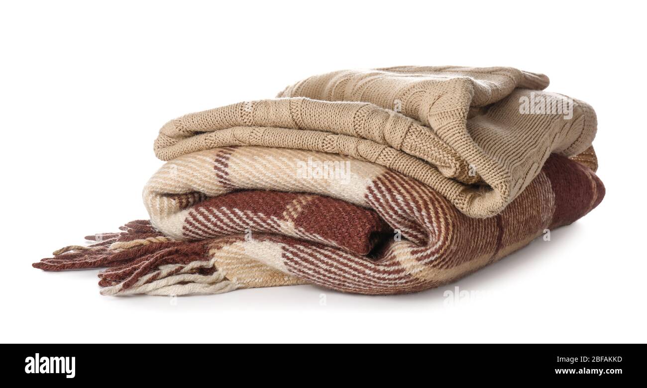 Soft blankets on white background Stock Photo Alamy