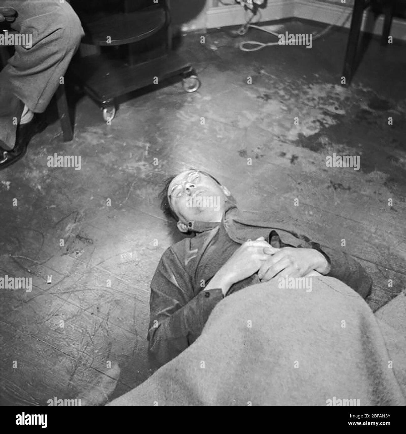 himmler's, corpse lying on the floor, suicide, cyanide, poisoning, 1945 Stock Photo