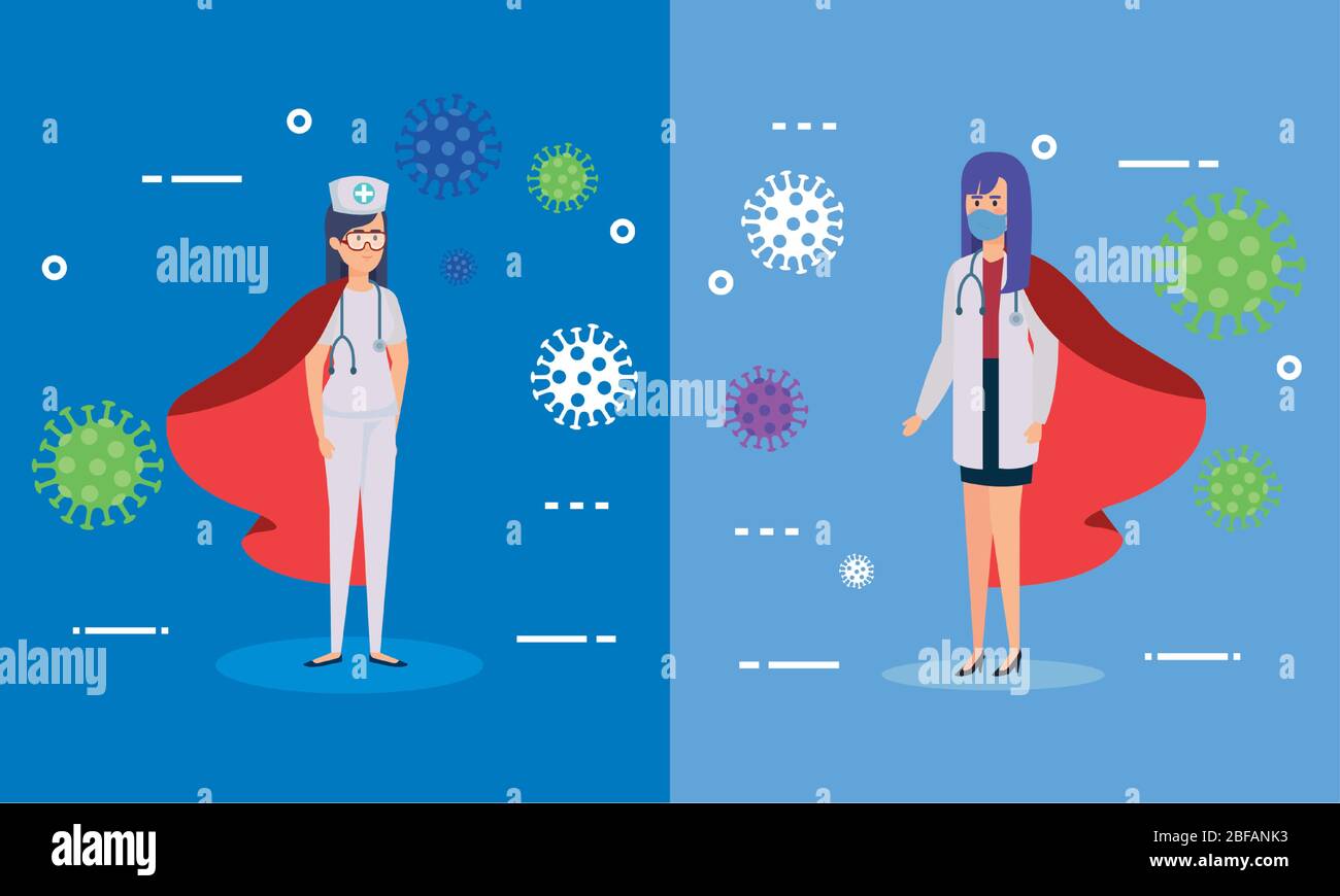 set banner with super doctor female and nurse with hero cloak Stock ...