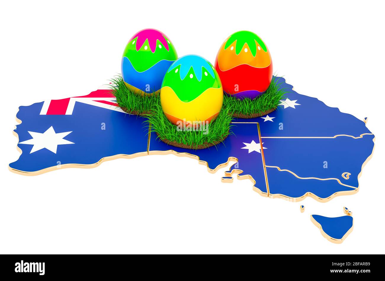 Easter holiday in Australia, Easter eggs on the Australian map. 3D