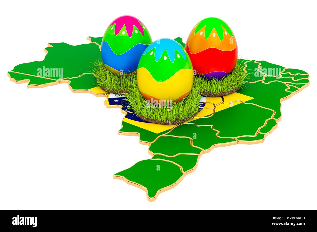 Easter holiday in Brazilia, Easter eggs on the Brazilian map. 3D rendering isolated on white background Stock Photo