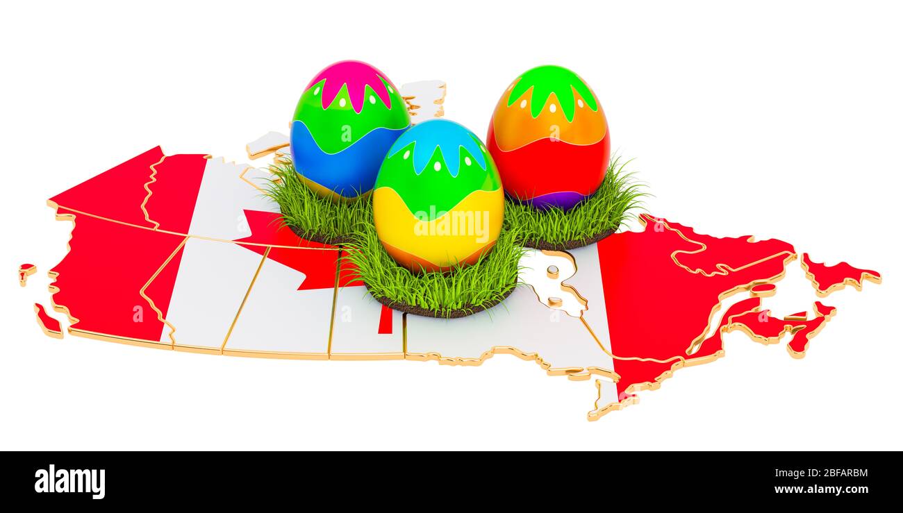 Easter holiday in Canadia, Easter eggs on the Canadian map. 3D rendering isolated on white