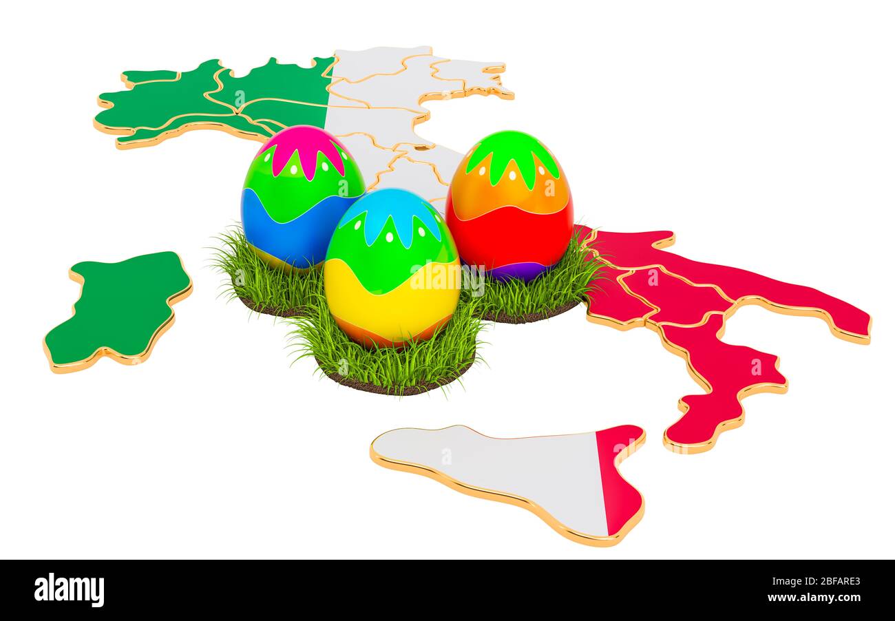 Easter holiday in Italy, Easter eggs on the Italian map. 3D rendering isolated on white