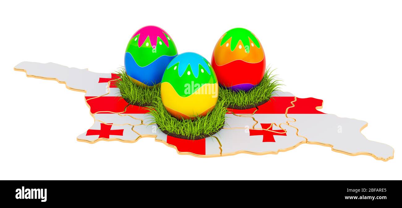 Easter holiday in Georgia, Easter eggs on the Georgian map. 3D 